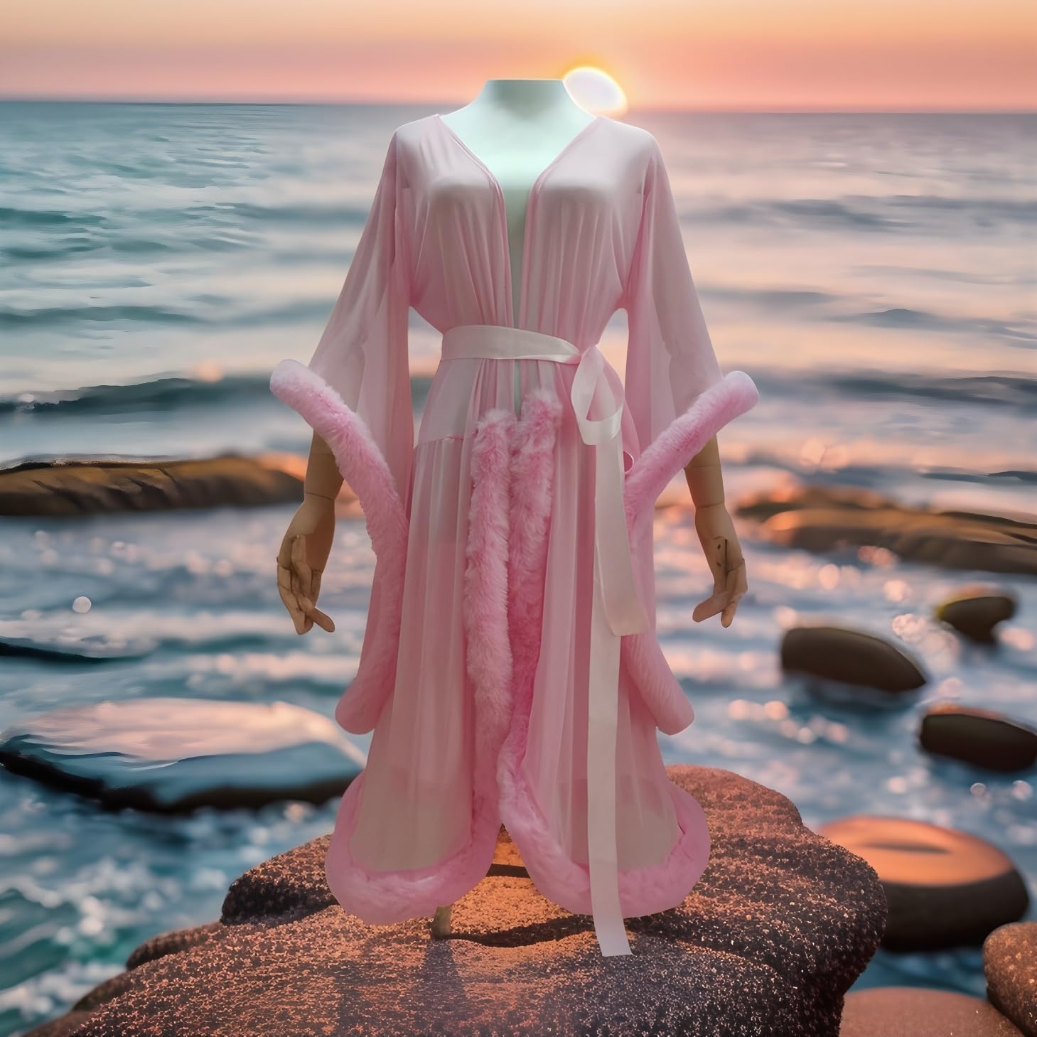 Robes For Women Tulle Robe with Faux Fur Trim, Sexy,Soft and Comfortable,Perfect for Spa Nights and Maternity Photoshoot - Image 7