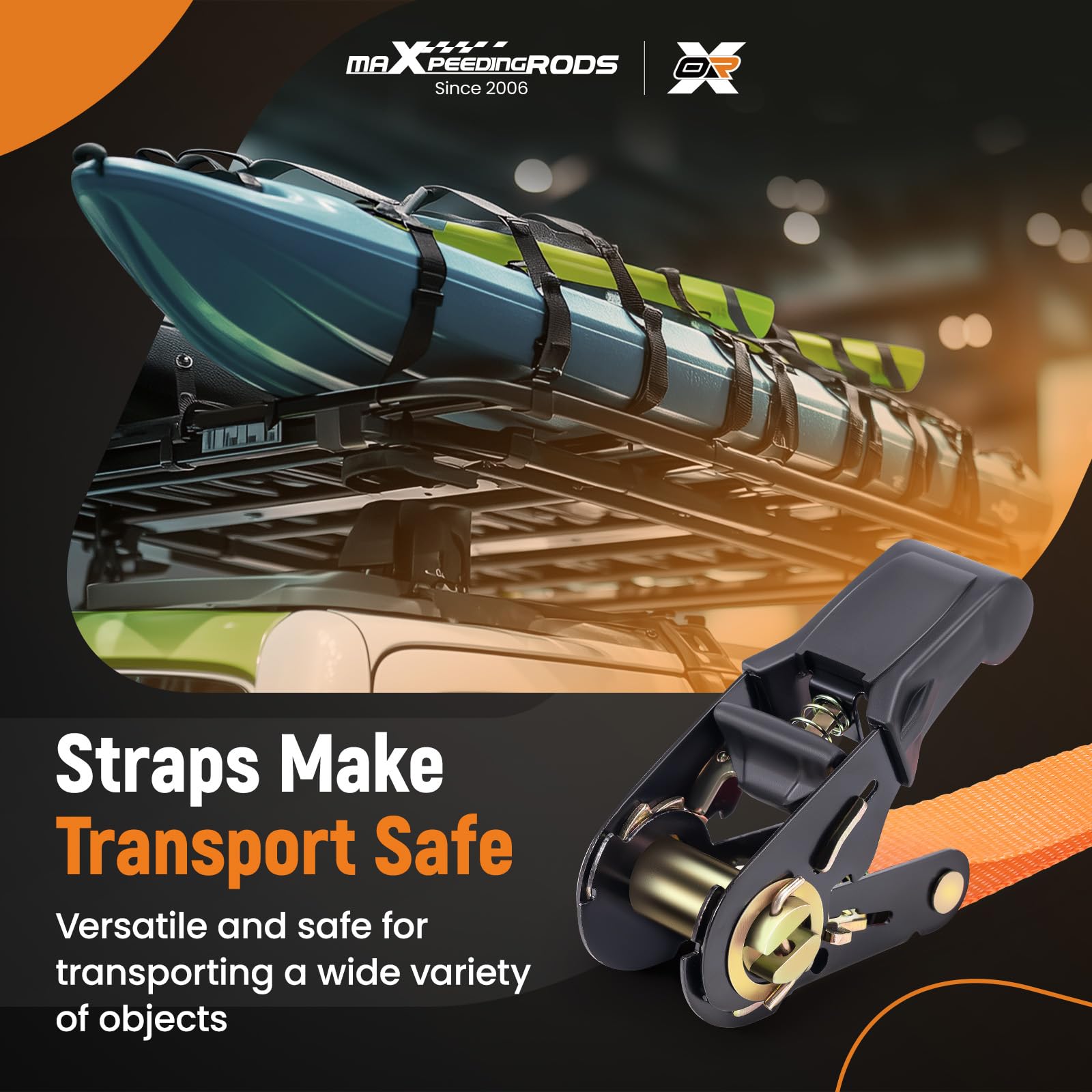 maXpeedingrods 4 x 997 kg pasy mocujące z grzechotką 4,5 m, EN 12195-2 | pasy mocujące z haczykami, ochrona urządzeń podczas transportu, pas mocujący do motocykla 25 mm, dodatkowa torba do