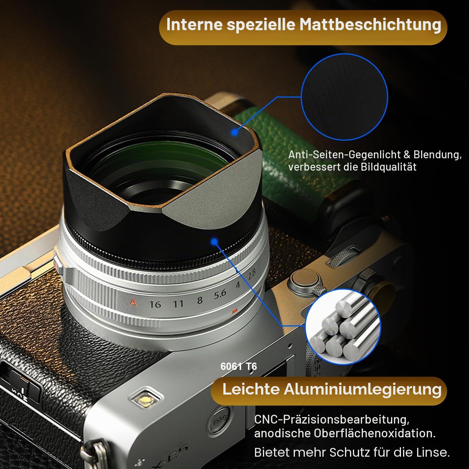 Haoge Metalllische quadratische Objektivblende for Fujifilm X-E5 & XF 23mm f2.8 Set Fujinon XF27mmF2.8 R WR Objektive 39mm Schraubbar Hood Black,with Metallldeckel, on XE5 Kamerakörper Kit