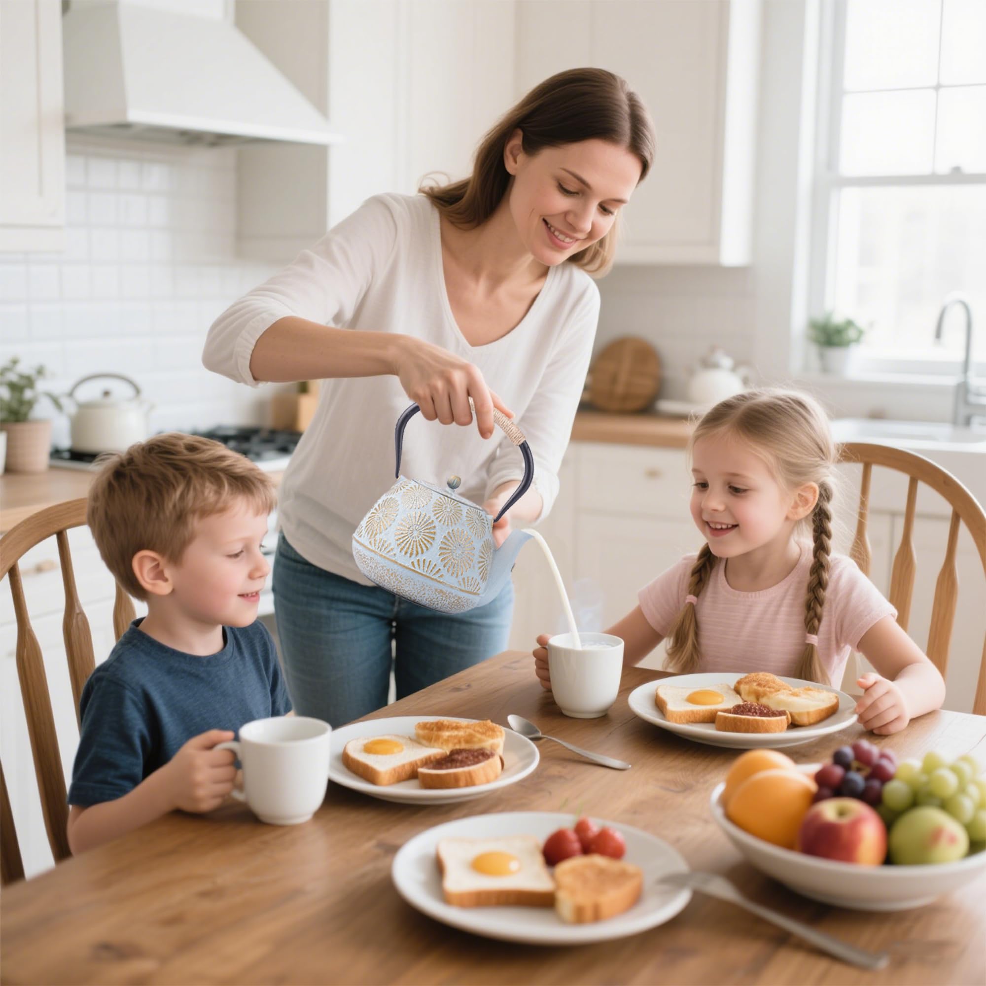 Japanese Tetsubin Cast Iron Teapot, 40oz (1200ml) Enamel-Coated Stovetop Kettle with Stainless Steel Infuser & Heat-Resistant Handle, Traditional Iron Pot for Tea Ceremony (blue and gold)