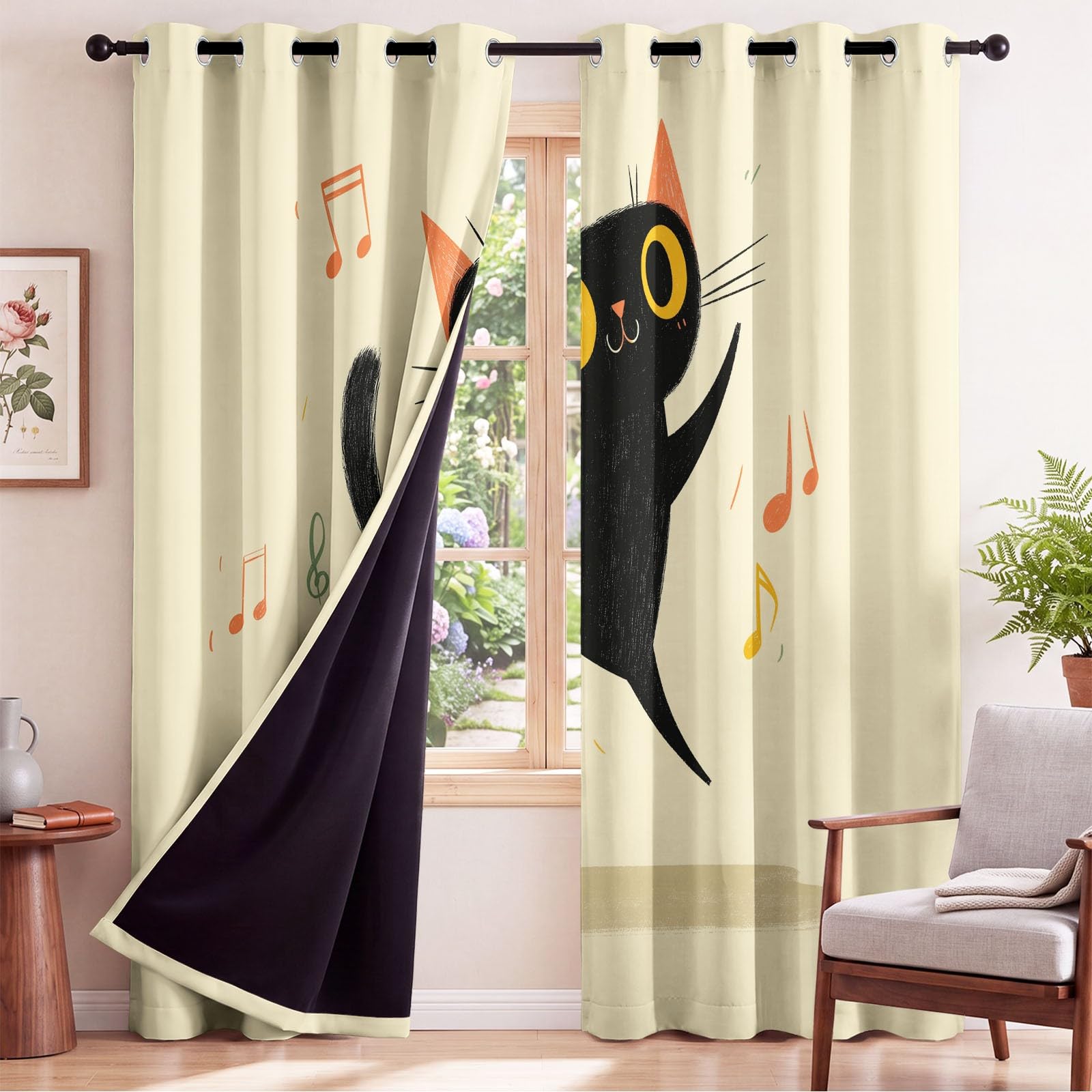 Zasłony zaciemniające do kuchni na okna - zabawna muzyka zasłona na przelotkach, przelotki zasłony okienne do sypialni salonu, szer. 229 cm x dł. 229 cm, 2 panele czarny kot gramofon beżowe wzorzyste