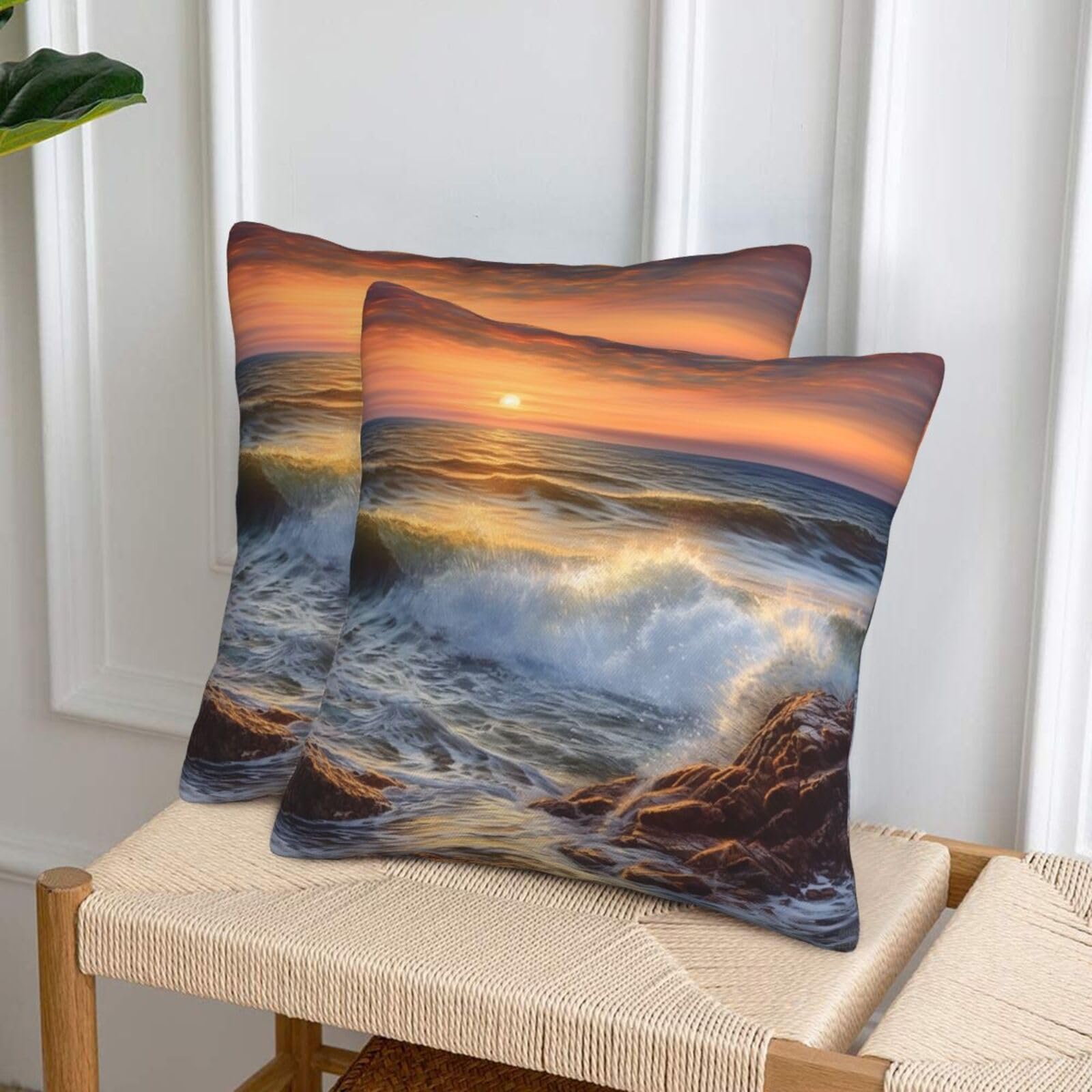 NONHAI Decorative Throw Pillow Covers Set of 2, 20"x20" Square Cushion Case Soft Comfy Rocky Wave Sunset Painting Throw Pillows for Couch Cushion Livingroom Farmhouse Home Decor Pillowcases