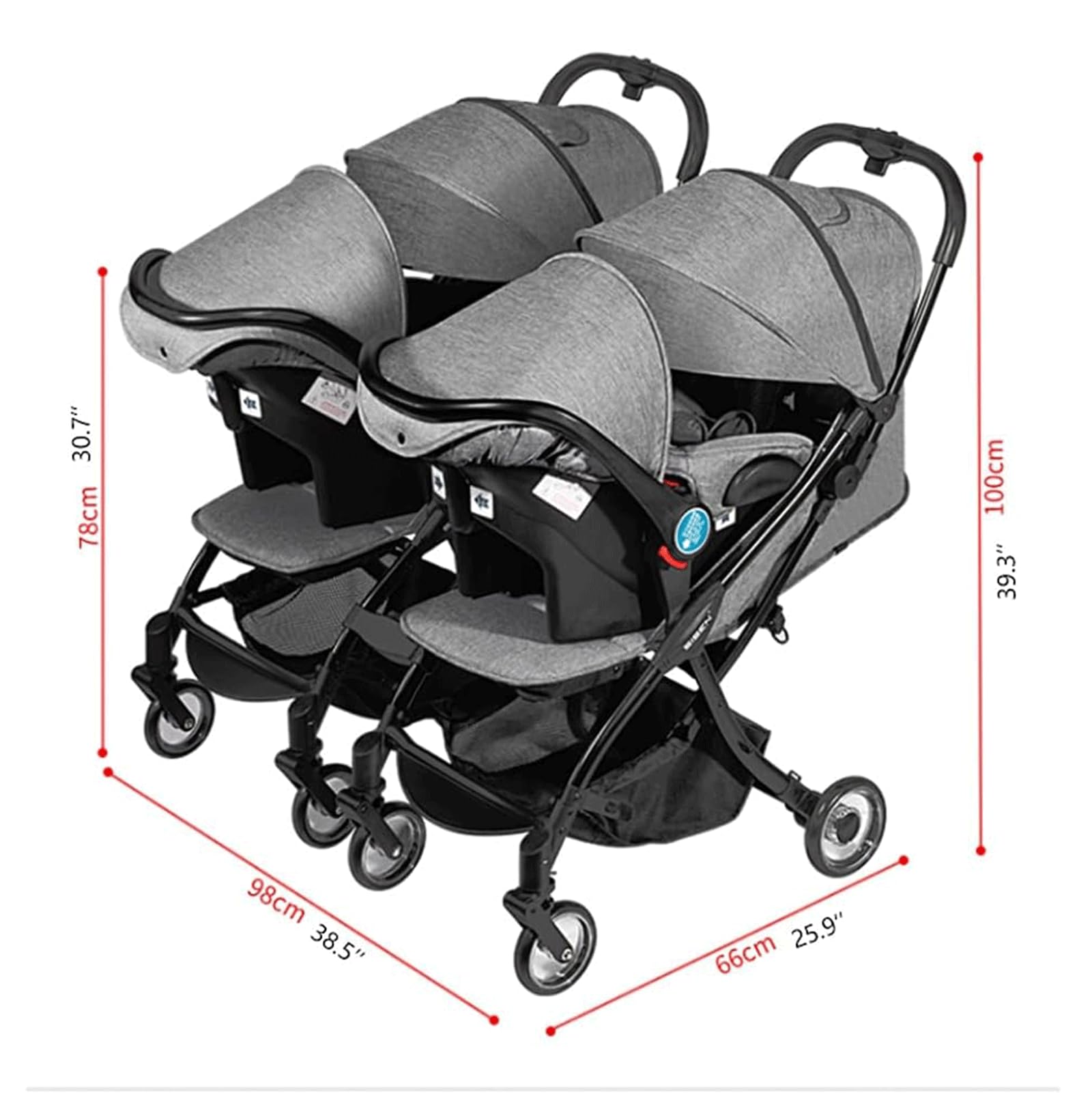 Rieort Poussette Double Amovible poussettes Tandem auvent réglable 38.5 ''* 25.9'' * 39.3 ''Poussette Chariot Poussette de bébé en Aluminium