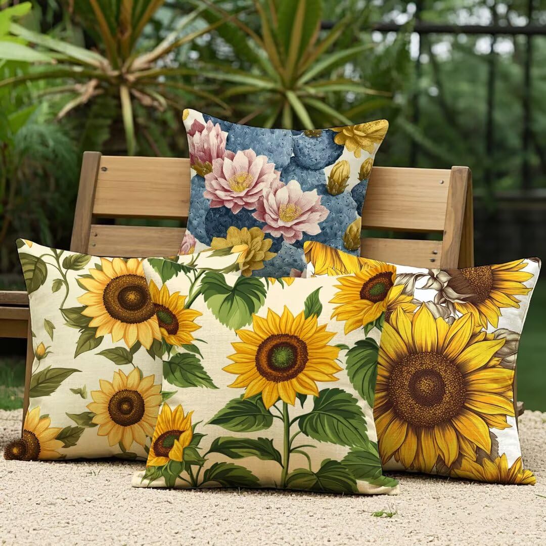 Lot de 4 Housse de Coussin 45x45cm, Housse de Canapé Automne Motif Décoratif Imperméable Lin Taie d'oreiller avec Fermeture Éclair Invisible, Salon Chambre à Coucher Décoration de Maison, Jaune Ym435
