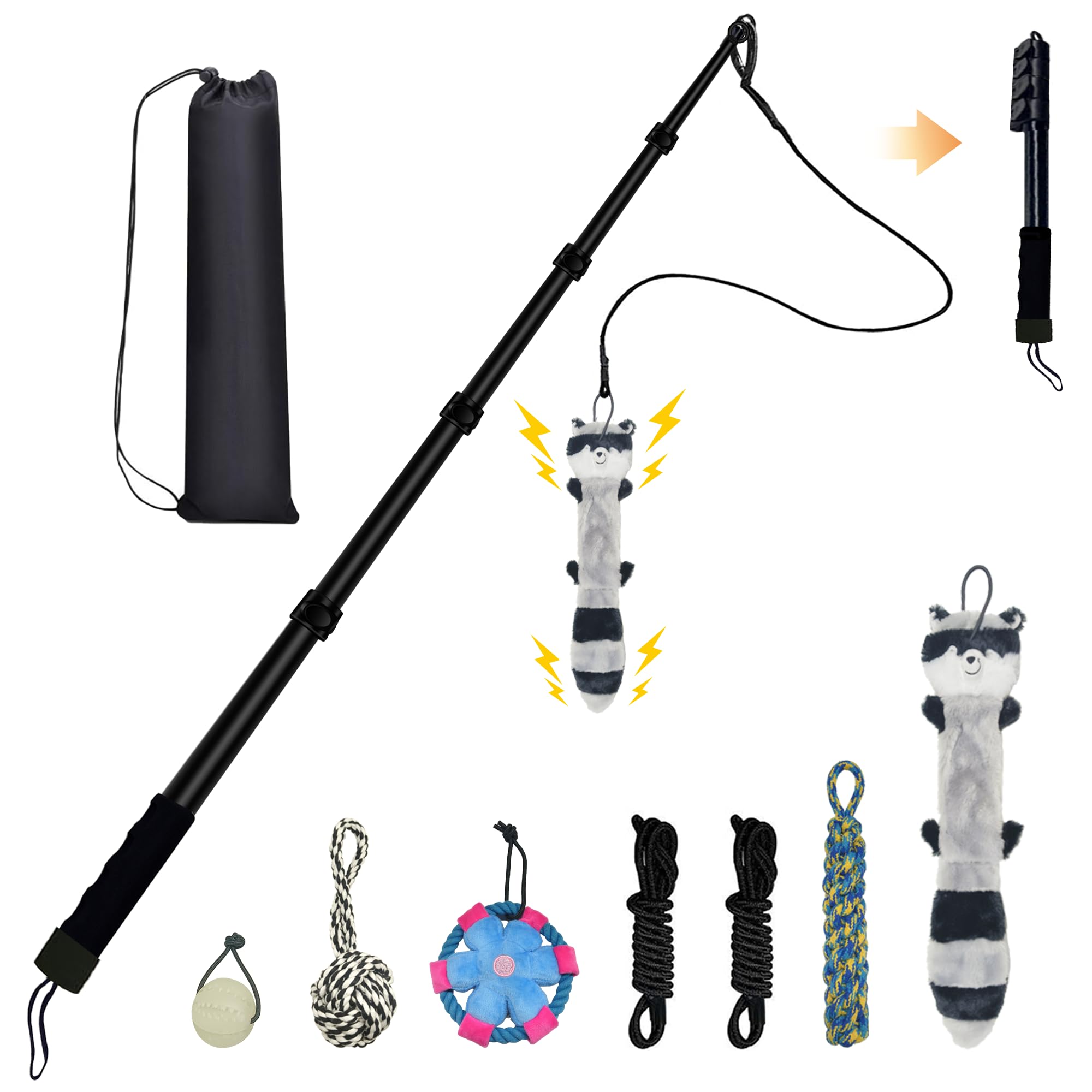GRETMIX Flirt Pole for Dogs, Interactive Toys Tug-of-war for Dogs, Five-Section Retractable Adjustable Length, Chase Toys with Rope Chewing Sticks, for Outdoor Exercise & Training