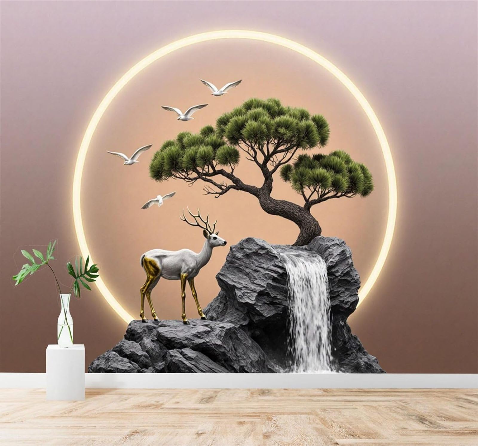 XLMING Golden Deer Waterfall Pine Tree Sunset Birds in Flight 3D Wallpaper Silky Texture Home Study Office Grey Dining Room Sofa Bedroom Living Room TV Backdrop-400cm×280cm