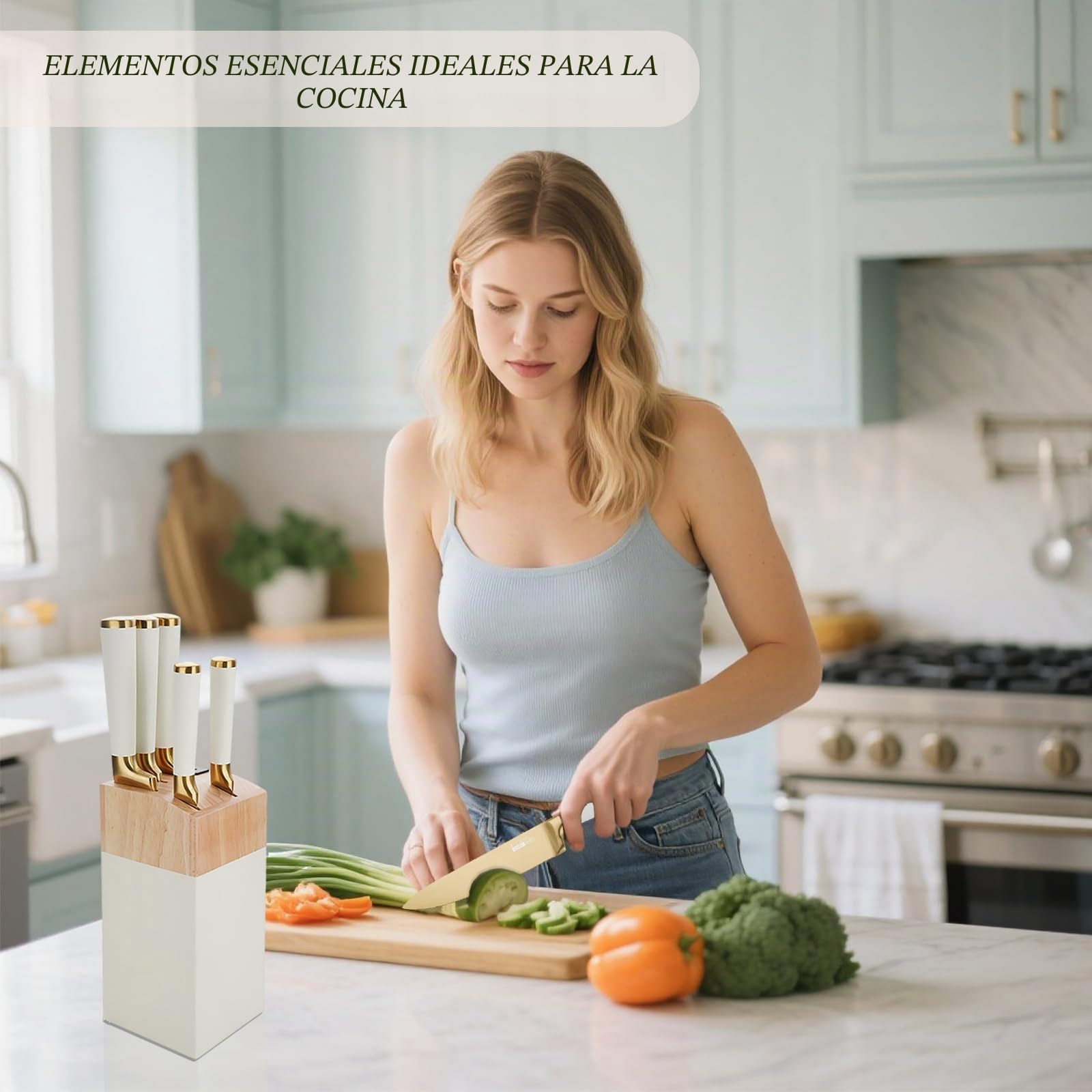 Juego de cuchillos de cocina, 6 cuchillos de acero inoxidable rosa con bloque, bloque de cuchillos ultra afilado con mango cómodo, cuchillo de chef para la cocina casera (blanco)