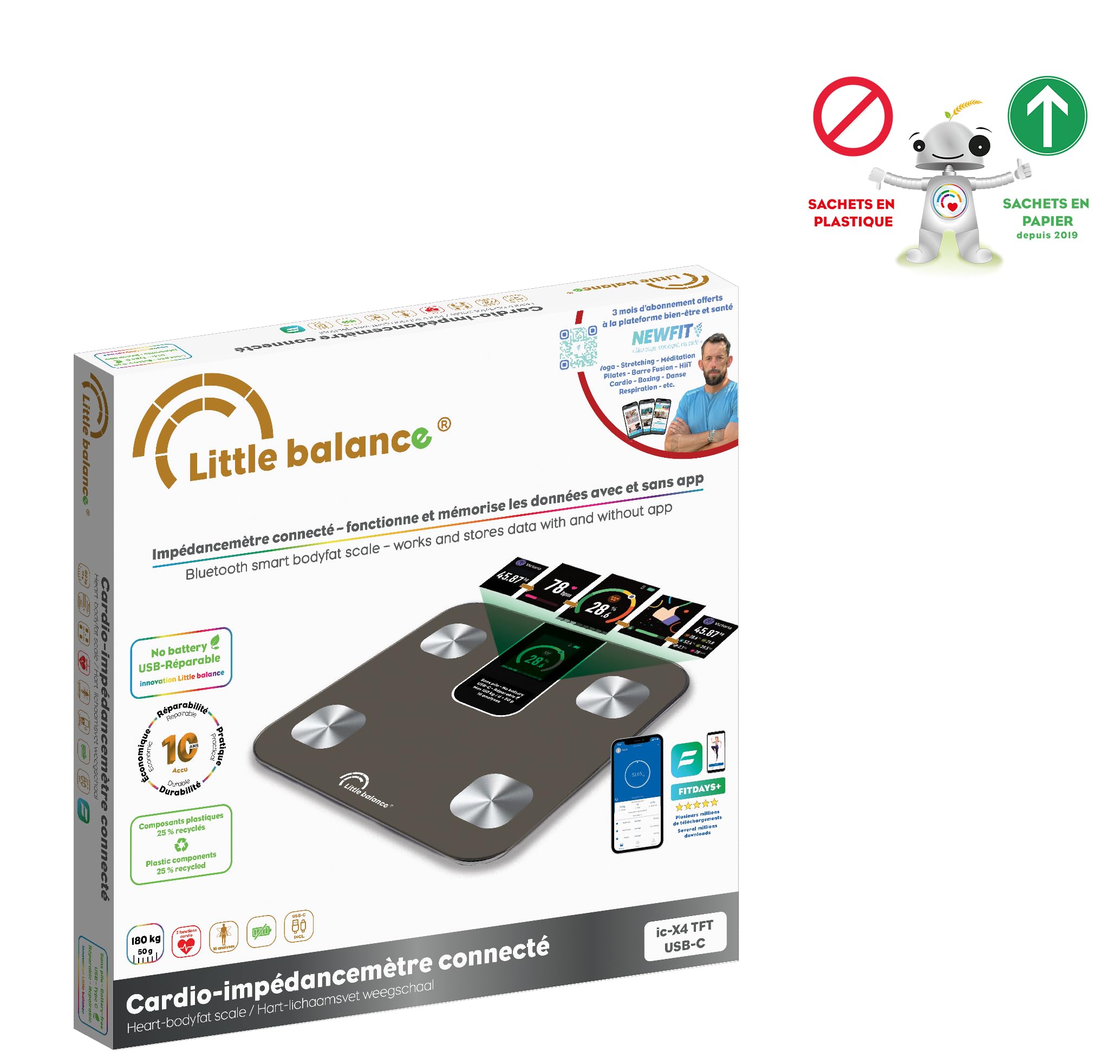 LITTLE BALANCE 8837 IC-X4-TFT, Pèse Personne, Ecran XXL couleur, Balance Impédancemètre Connecté, Pèse-personne Intelligent avec application, Sans Pile USB-C, 4 électrodes, 22 mesures, 180 kg/50 g