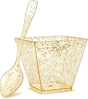 KVMORZE 100 x 2oz Mini Plastic Dessert Cups with Spoons, Gold Glitter Square Parfait Cup, Disposable and Reusable Ice Cream Bowls/Tasting Bowls for Party Weddings Desserts Appetizers Mousse