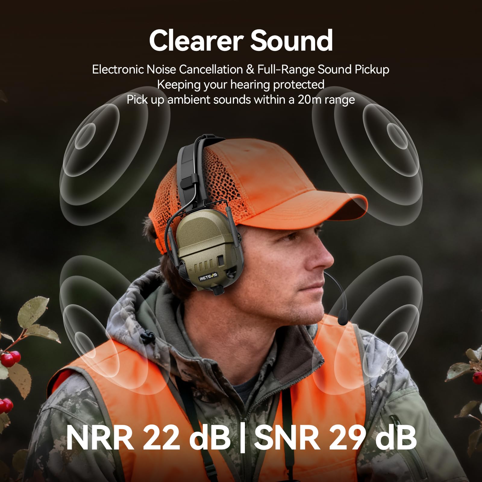 Retevis EH080K Taktisches Headset, Elektronisches Headset mit Geräuschunterdrückung und Tonaufnahme für die Jagd, Kabelloses Komfortables Kompatibel mit RT24, RT27, H777, RA89, RT85, RT86 (1 Stück)