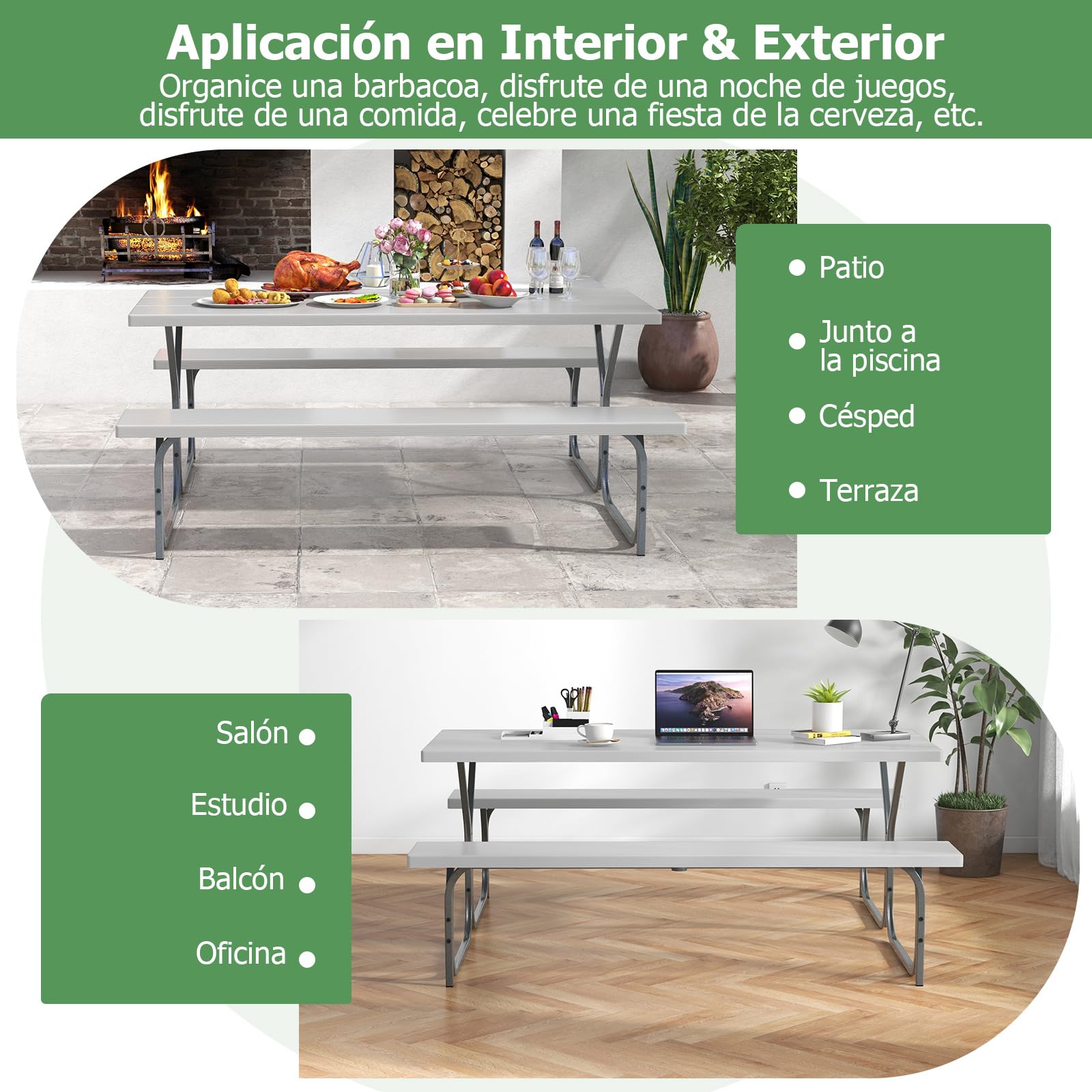 COSTWAY Conjunto Mesa y Banco de Picnic de 8 Personas, 2 Bancos con Marco de Metal y Mesa de HDPE, Mesa y Sillas Camping, Orificio para Sombrilla, 183 x 161 x 76 cm (Gris)