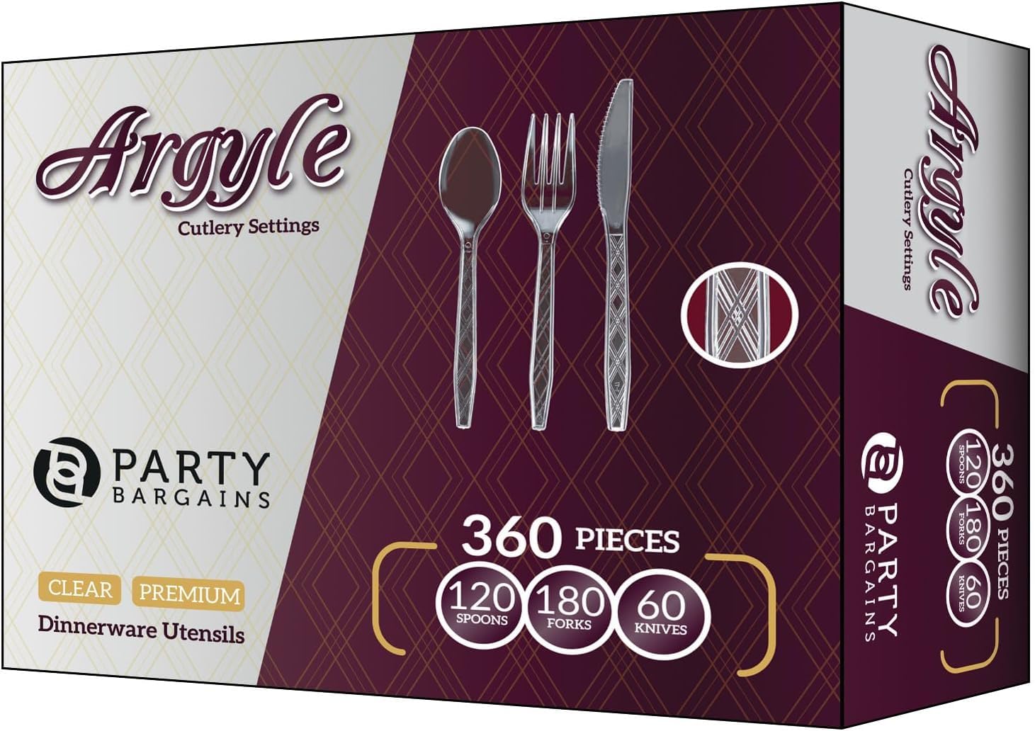 PARTY BARGAINS Argyle Settings Clear Plastic Cutlery Set 360‑Piece – 180 Forks, 120 Spoons, 60 Knives – Heavy‑Duty Disposable Utensils for Parties, Weddings, Buffets, BBQs & Catering – BPA Free