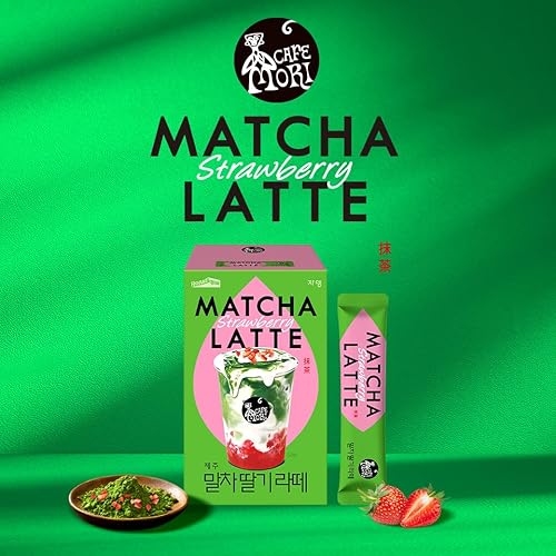 Miniatura 3 de ROASTIQUE Café Mori Jeju Matcha Latte, 10 varillas, 100 calorías, té verde en polvo de grado ceremonial endulzado de calidad de café, fresa, 7 onzas