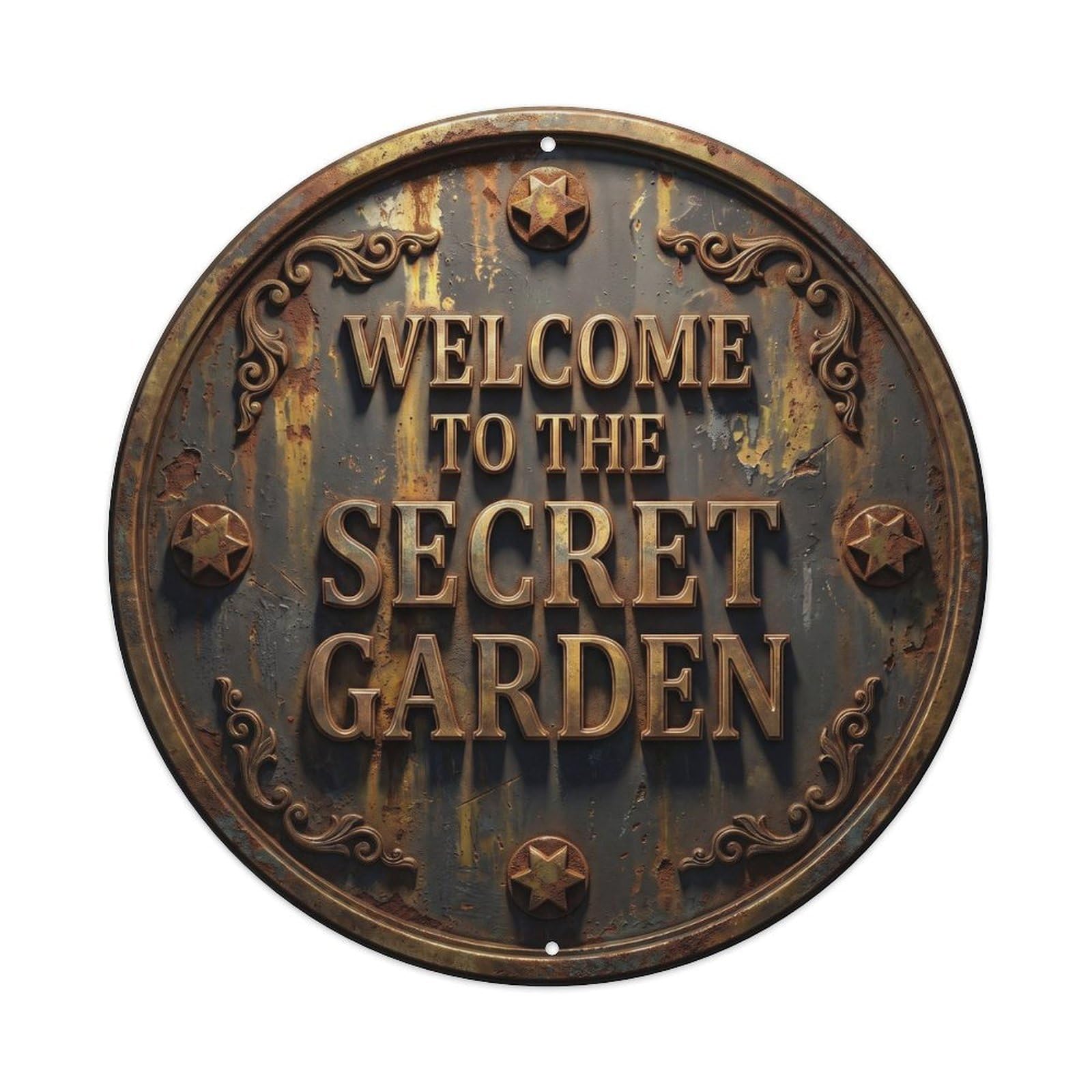 Vintage Welcome Secret Garden Charcoal Corroded Metal Tin Sign