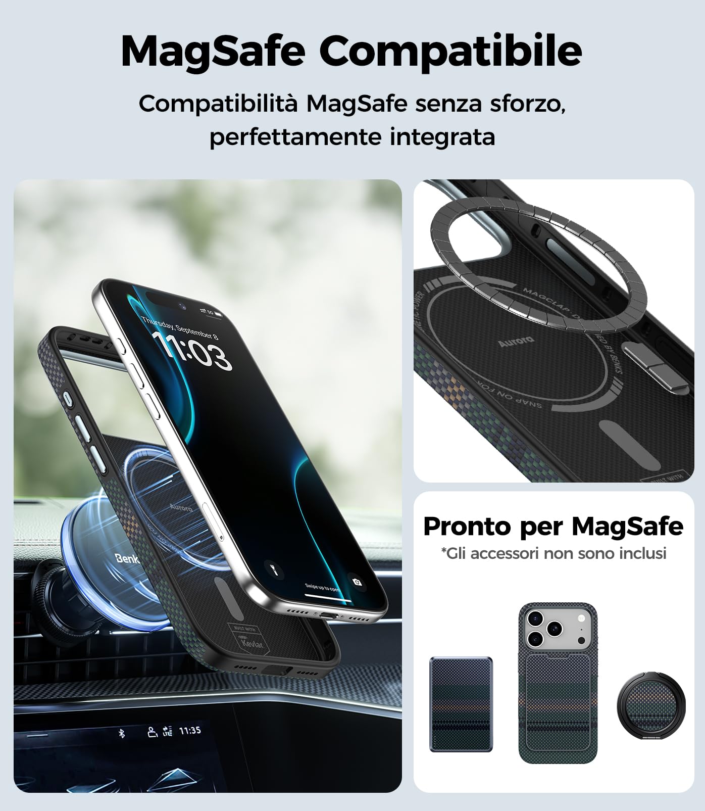 BENKS Aurora ArmorPro Cover Magnetica per iPhone 17 Pro con Protezione Fotocamera Compatibile con MagSafe, Fibra Aramidica 600D + 1000D e TPU, Sensazione Tessuta Confortevole