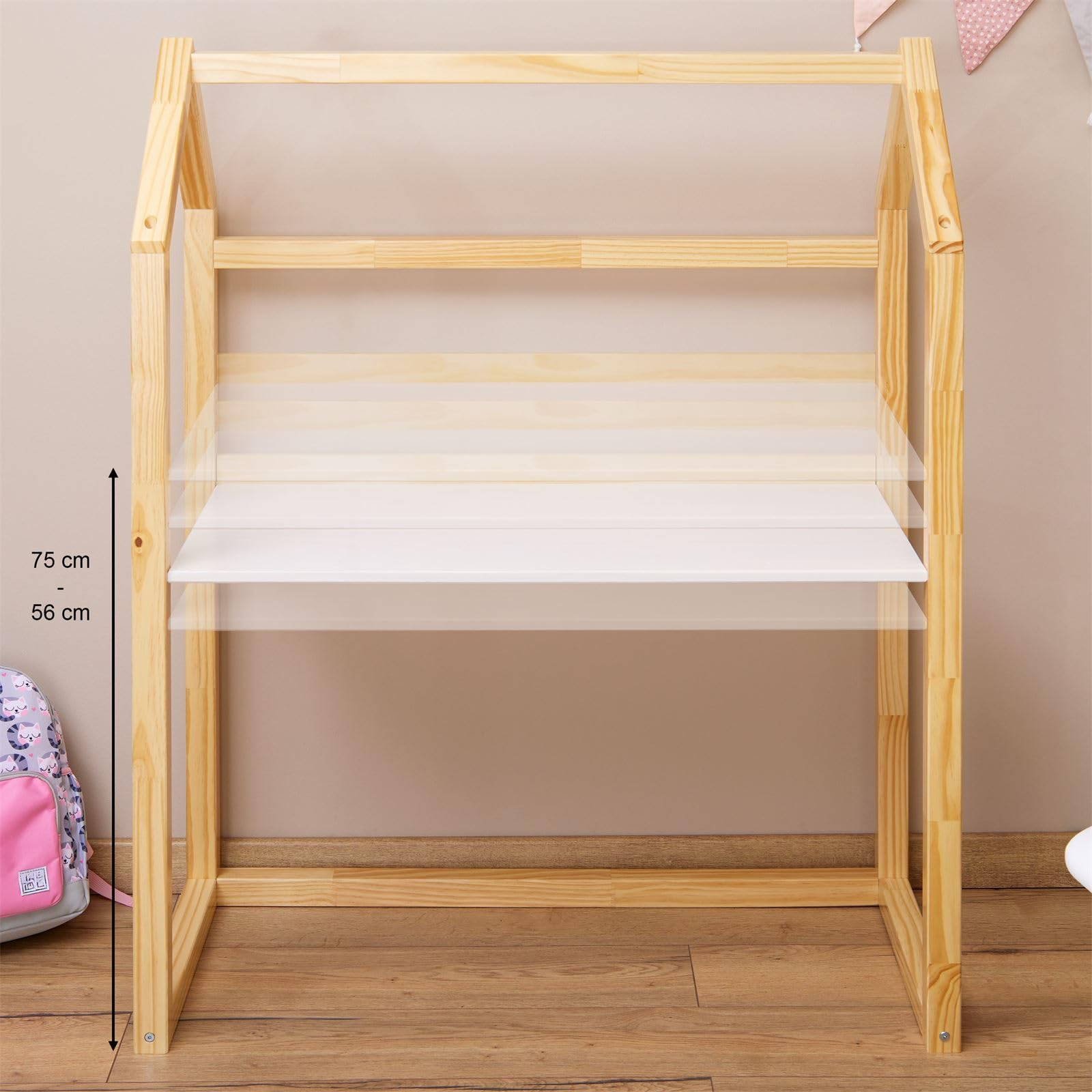 IDIMEX Tina Kinderbureau in de vorm van een huis, natuur, in hoogte verstelbaar, voor kinderkamer, schaalbaar en personaliseerbaar, massief grenen