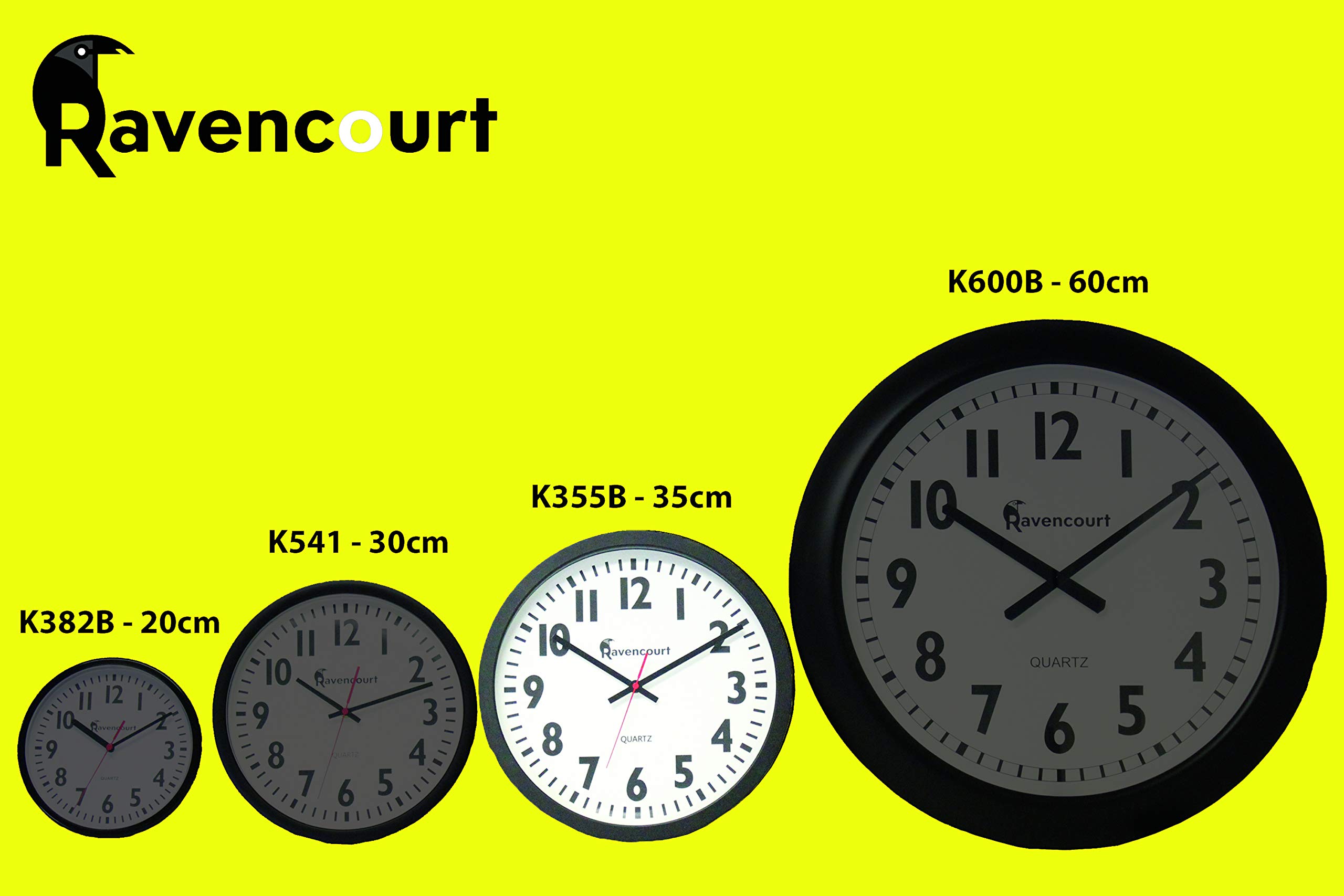 Reloj analógico de Cuarzo Ravencourt para escuelas, hospitales, oficinas y hogares Números de Alto Contraste Funciona con Pilas Marco Negro con Esfera Blanca Mediano-Grande: Esfera de 35 cm
