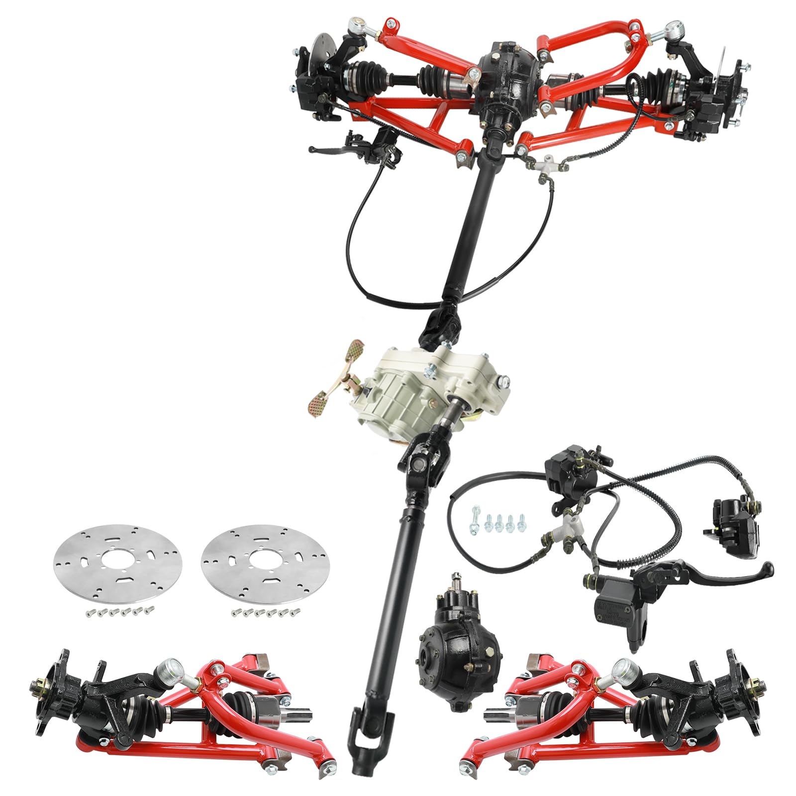 Complete 4WD Go Kart Front and Rear Drive Axle Shaft Assembly CV Axle & Differential& Suspension SwingArm & Steering Spindle Hub Brake Caliper Kit & Reverse Gearbox for DIY ATV UTV Quad