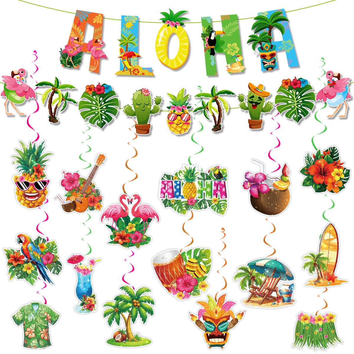 32pcs Hawaiian Aloha Party Decorations, Hawaiian Aloha Birthday Banner Hanging Swirls,Tropical Hawaiian Theme Summer Beach Party Supplies