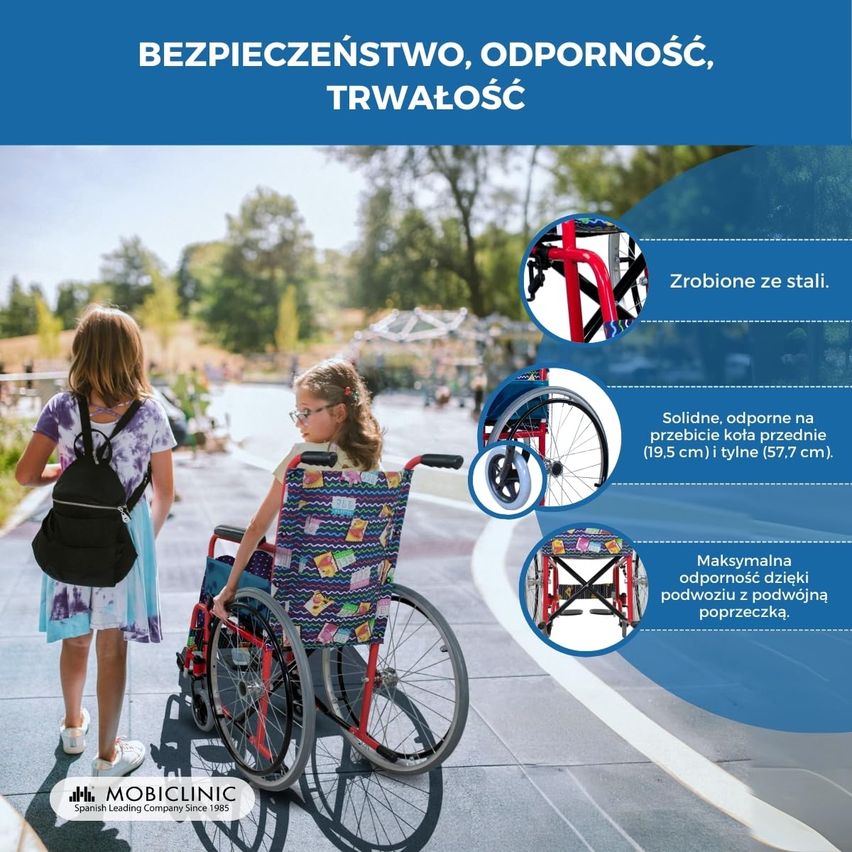 Mobiclinic, wózek inwalidzki dziecięcy, składany, hamulec na uchwytach, podnóżek i stałe ramiona, tapicerowane czerwonym nadrukiem, siedzisko, ultralekkie, model Teatro