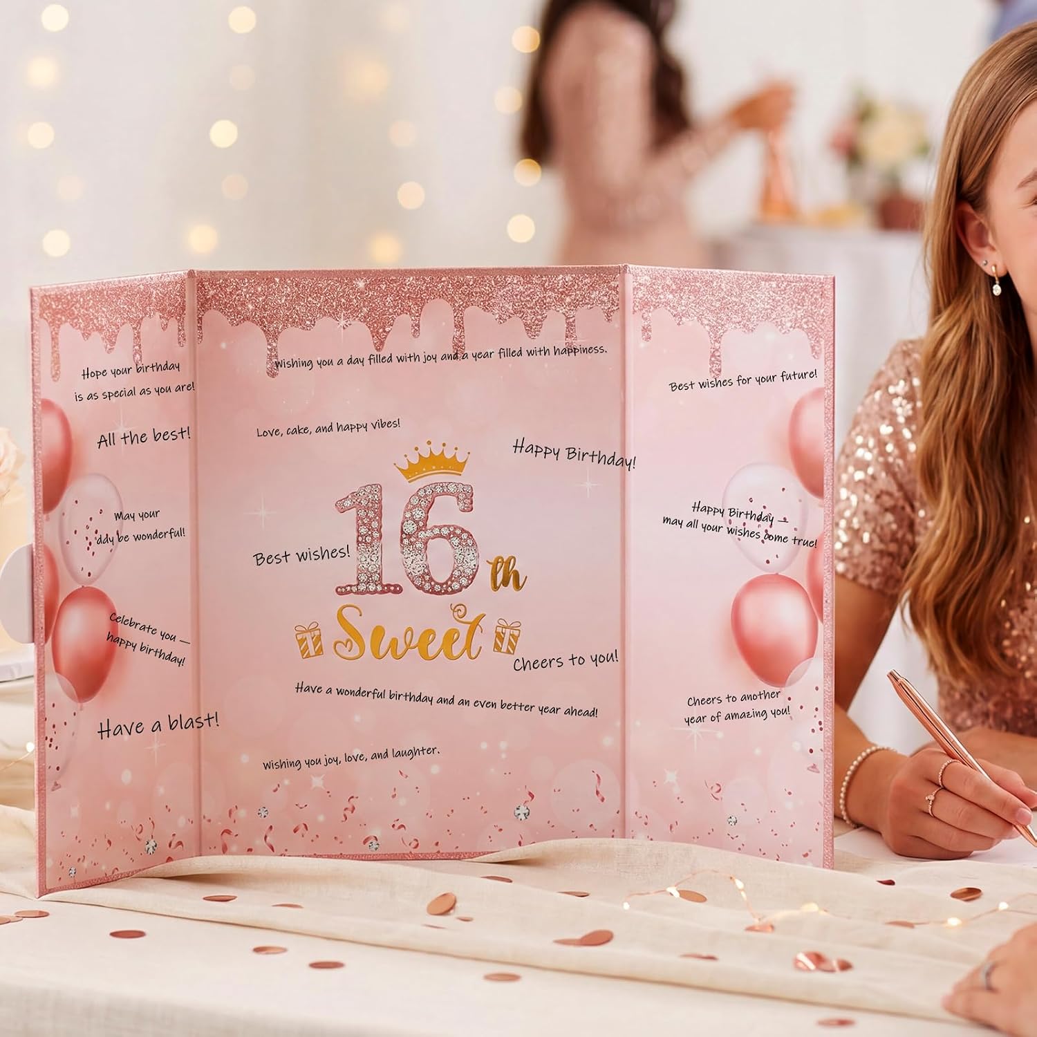 Sweet 16th Birthday Decoration, Rose Gold Guestbook Alternative for Girl