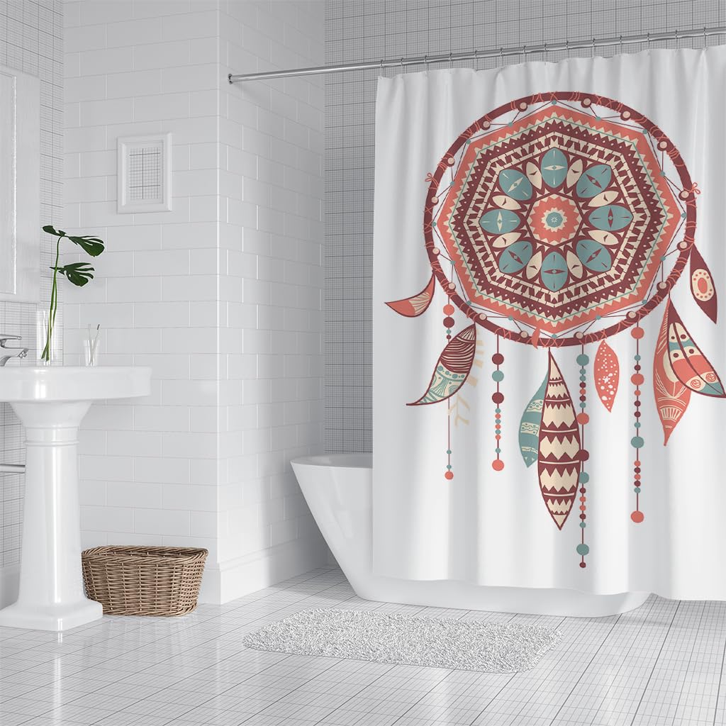 Cortina de Ducha 240 x 200 cm Dreamcurtain Retro Roja con Estampado Bohemio de Plumas Sobre Fondo Blanco para Bañera de Niños, Niñas y Adolescentes. Tejido de Poliéster Impermeable para decoraci