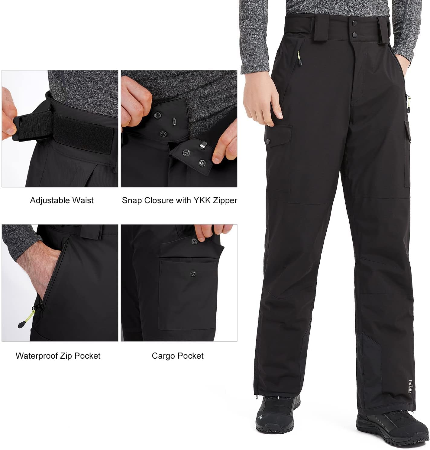 HARD LAND Men's Stretchable Winter Snow Ski Pants Waterproof Insualted Windproof Durable Snowboard Cargo Pants Black Size Large