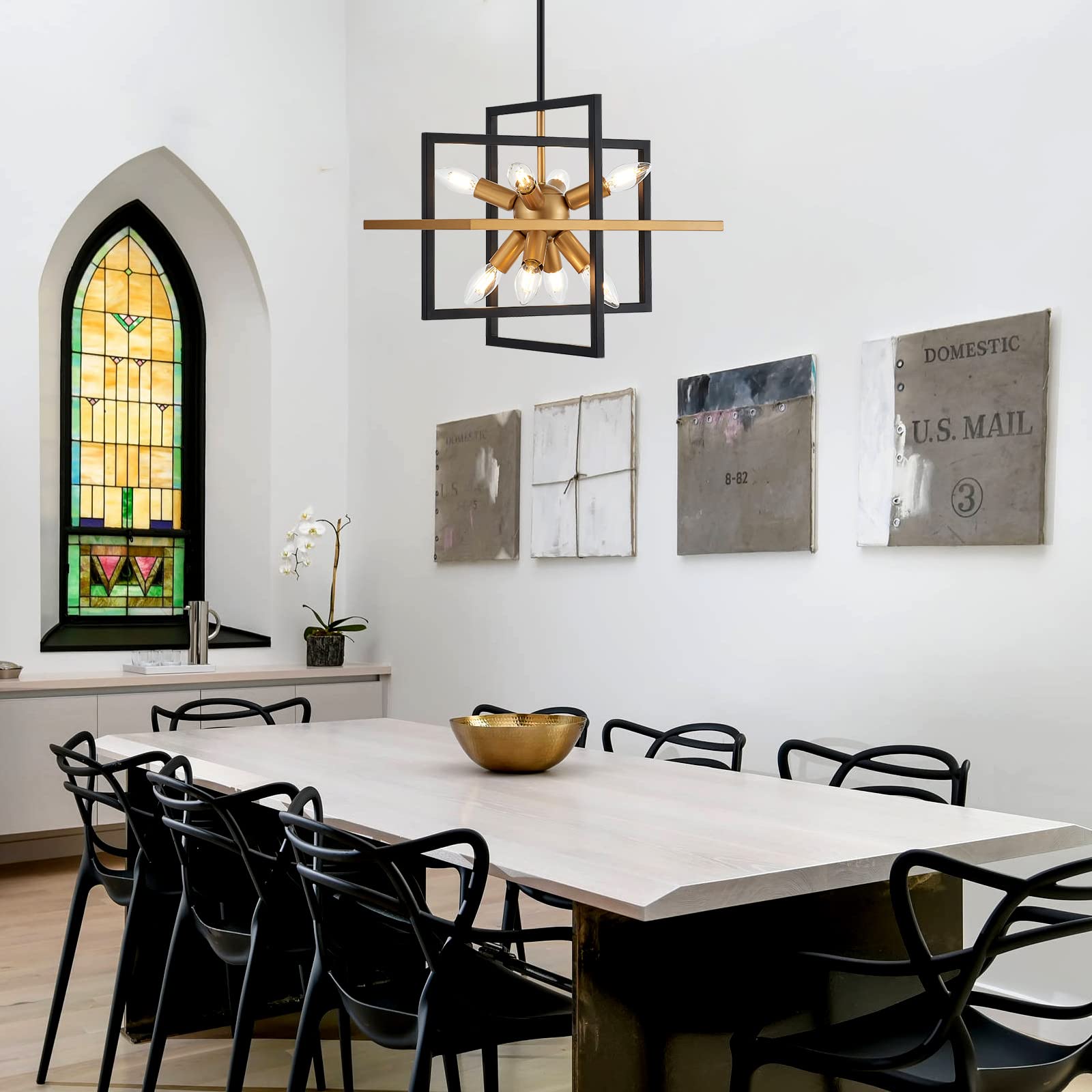 TACDANDM 15.8'' Black Gold 8-Light Sputnik Chandelier Modern Industrial Adjustable Hanging Geometric Pendant Light Fixture for Entryway Foyer Stairway Hallway Bedroom Living Room Kitchen Island