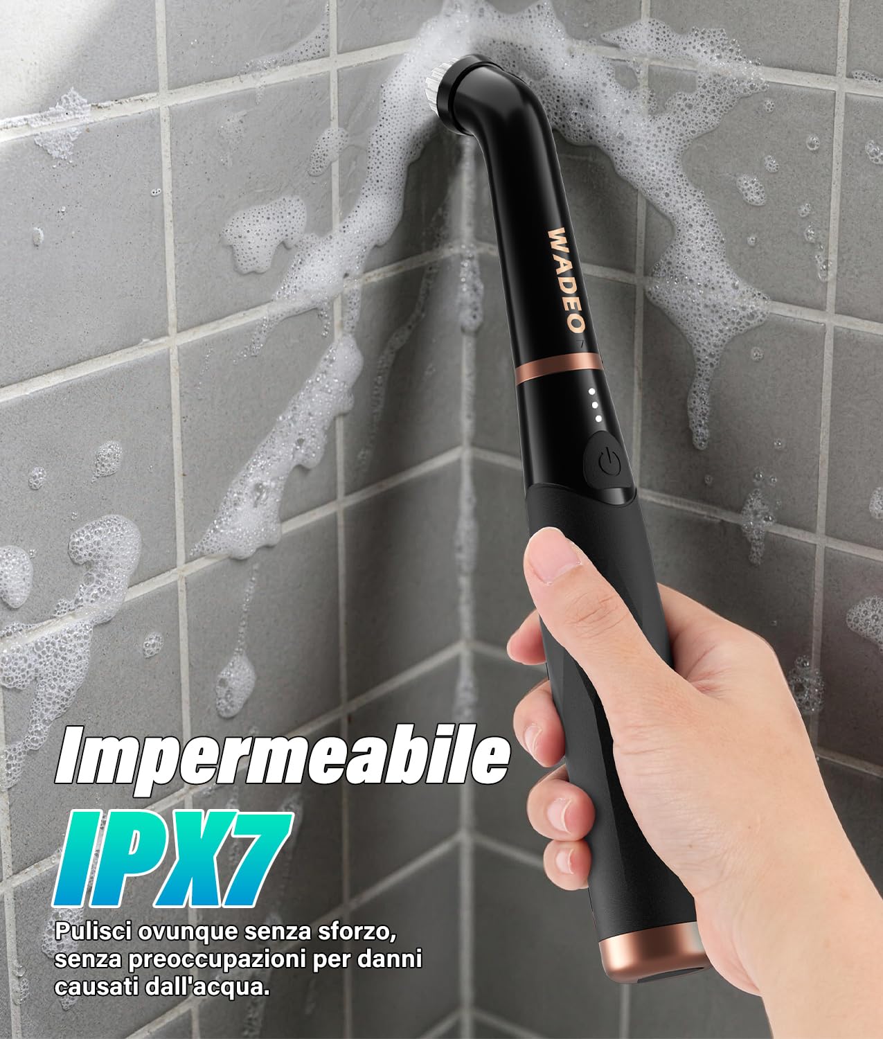 WADEO Piccola Spazzola Ricaricabile per Crepe e Piastrelle, [2600mAh] [11 Testine] 3 Velocità, IPX7 Impermeabile, Spazzola Elettrica per Bagno, Cucina, Lavandino, Vasca, Pavimento