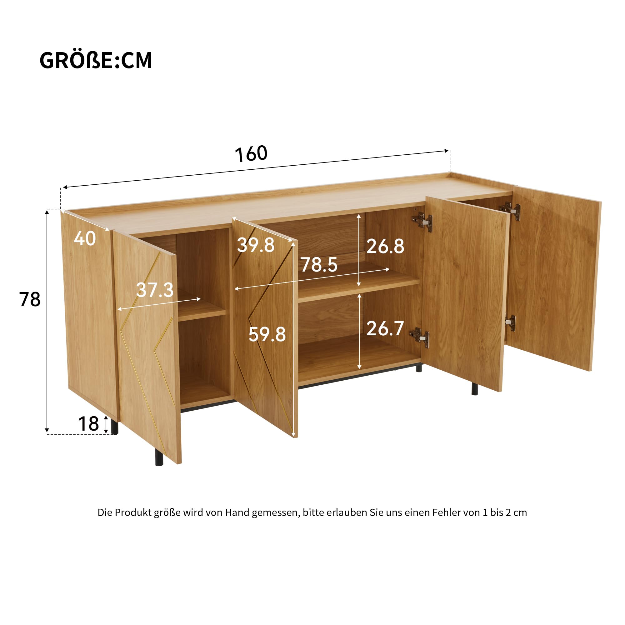 Merax Sideboard Holz Kommode mit 4 Türen,rustikal Sideboard Küchenschrank Buffet,Anrichte Beistellschrank Standschrank,Naturholz, H78/B160/T40 cm