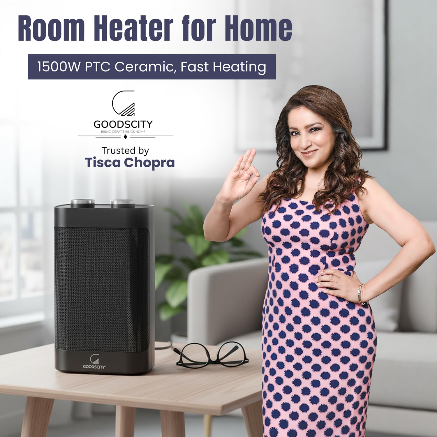 Goodscity Room Heater for Home| 1500W PTC Ceramic, Fast Heating| Bedroom, Office, Indoor Use| For Small Space Upto 125 sqFt|Oscillation, Fan Mode, 2 Heat Setting, Safety Protection|1 Year Warranty