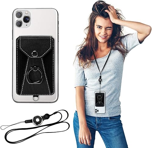 Miniatura 4 de Tarjetero para teléfono celular, tarjetero para la parte posterior del teléfono celular con soporte de agarre de anillo, bolsillo adhesivo adhesivo