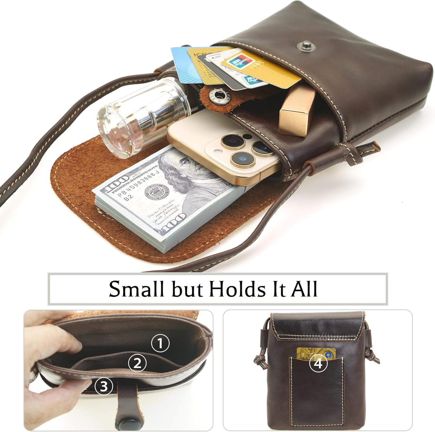 Mini Crossbody Bags for Women – Vegetable-Tanned Leather Phone Purses with Crossbody Strap, Retro, Durable & Stylish