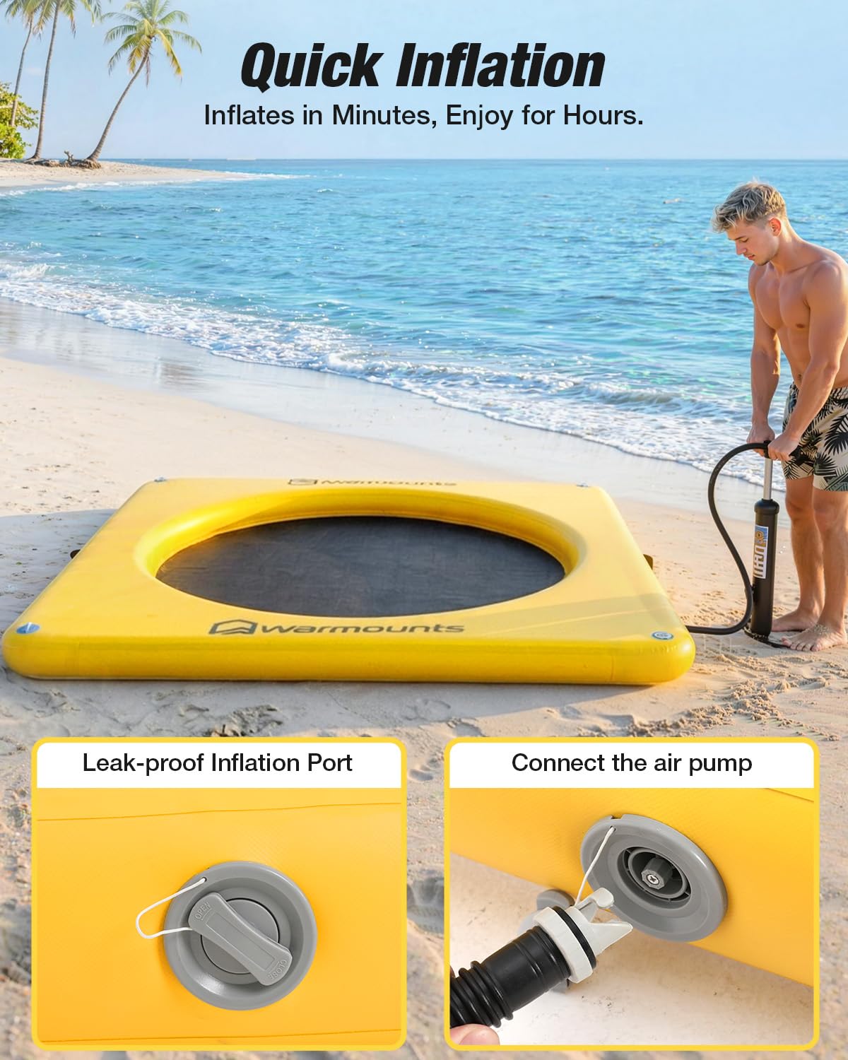 WARMOUNTS Aufblasbare Schwimminsel Wasserhängematte mit Netzmitte, rutschfeste Schwimmmatte Badeplattform für See Pool Meer, Schwimmplattform für Erwachsene Hunde, inkl. Pumpe Tasche Seil