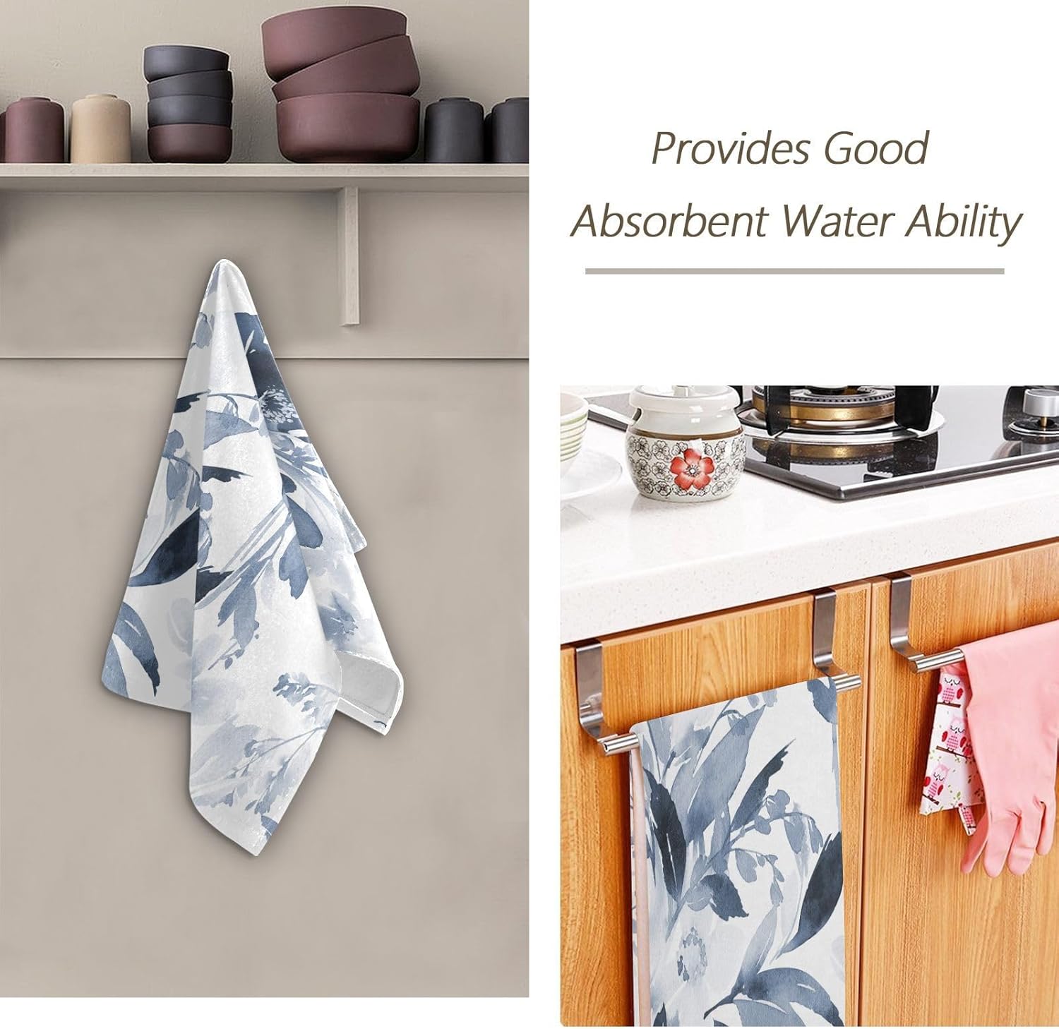 Navy Blue and White Floral Hand Towels for Bathroom Set of 2 Microfiber Vintage Watercolor Ink Flower Plant Kitchen Dish Towels Decorative Bathroom Towels for Face Bath Shower Spa 14"x28" - Image 7