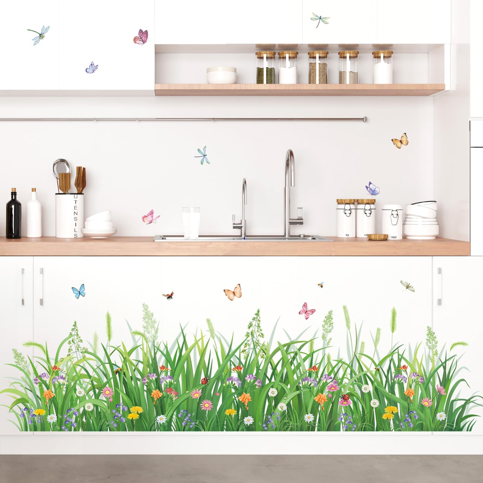 decalmile Green Plant Grass Flowers Wall Corner Stickers Butterflies Floral Baseboard Skirting Line Wall Decals Baby Nursery Living Room Bedroom Wall Décor - Image 4