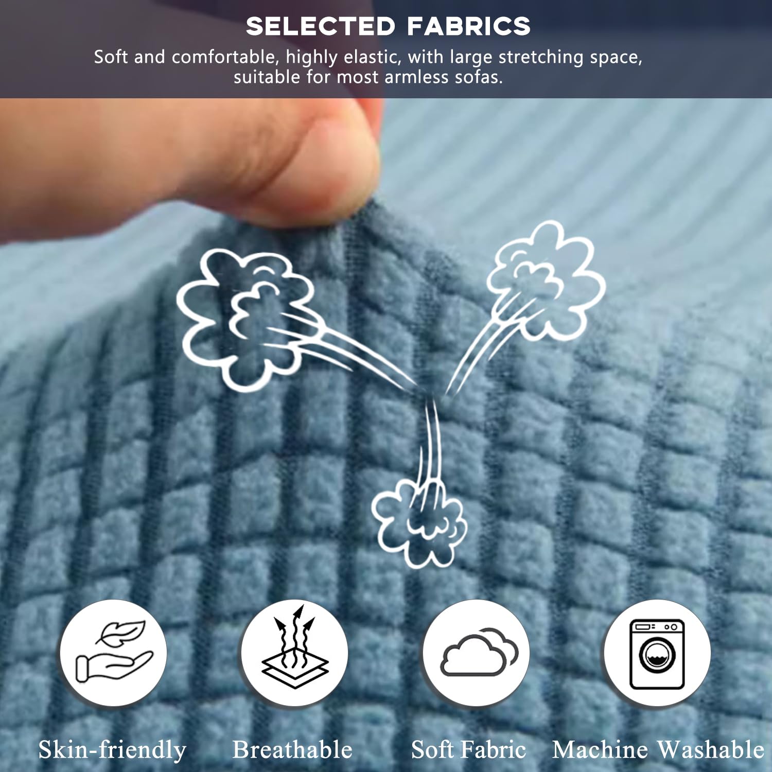 Funda de sofá elástica universal impermeable de 3 plazas, diseño sin reposabrazos, protección antimanchas, duradera y elegante, color azul, ideal para decoración del hogar