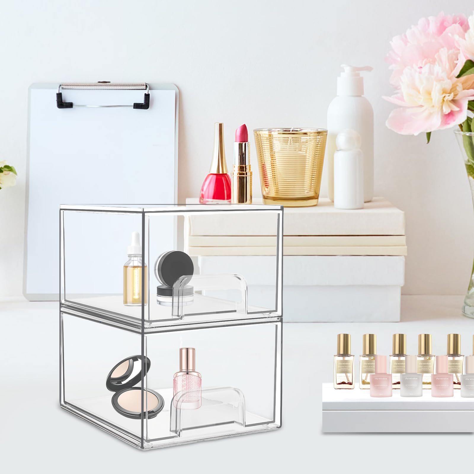 2 Tiroirs De Rangement Empilables En Acrylique Transparents - Organisateur Maquillage Avec 16 Tapis Antidérapants