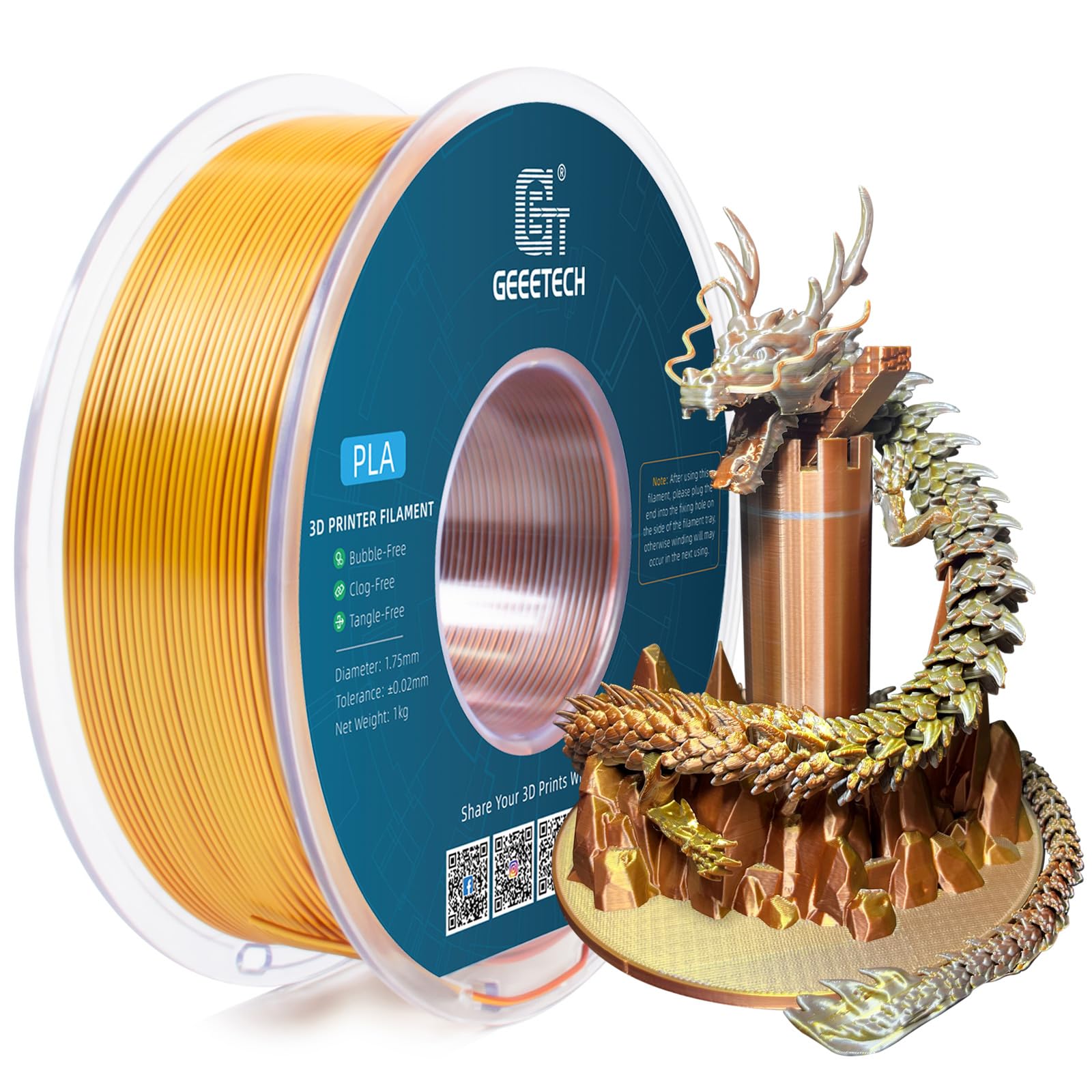GEEETECH Tricolor Silk PLA Filament 1.75 mm, 3D Printer Filament 1 kg/Spool, Silk Gold Silver Copper