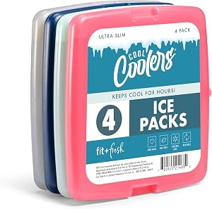 Cool Coolers by Fit & Fresh Slim Ice Packs, Quick Freeze Reusable Ice Packs for Lunch Boxes & Coolers, Long-Lasting, Space Saving Lunch Ice Packs, Blue, 4Pk
