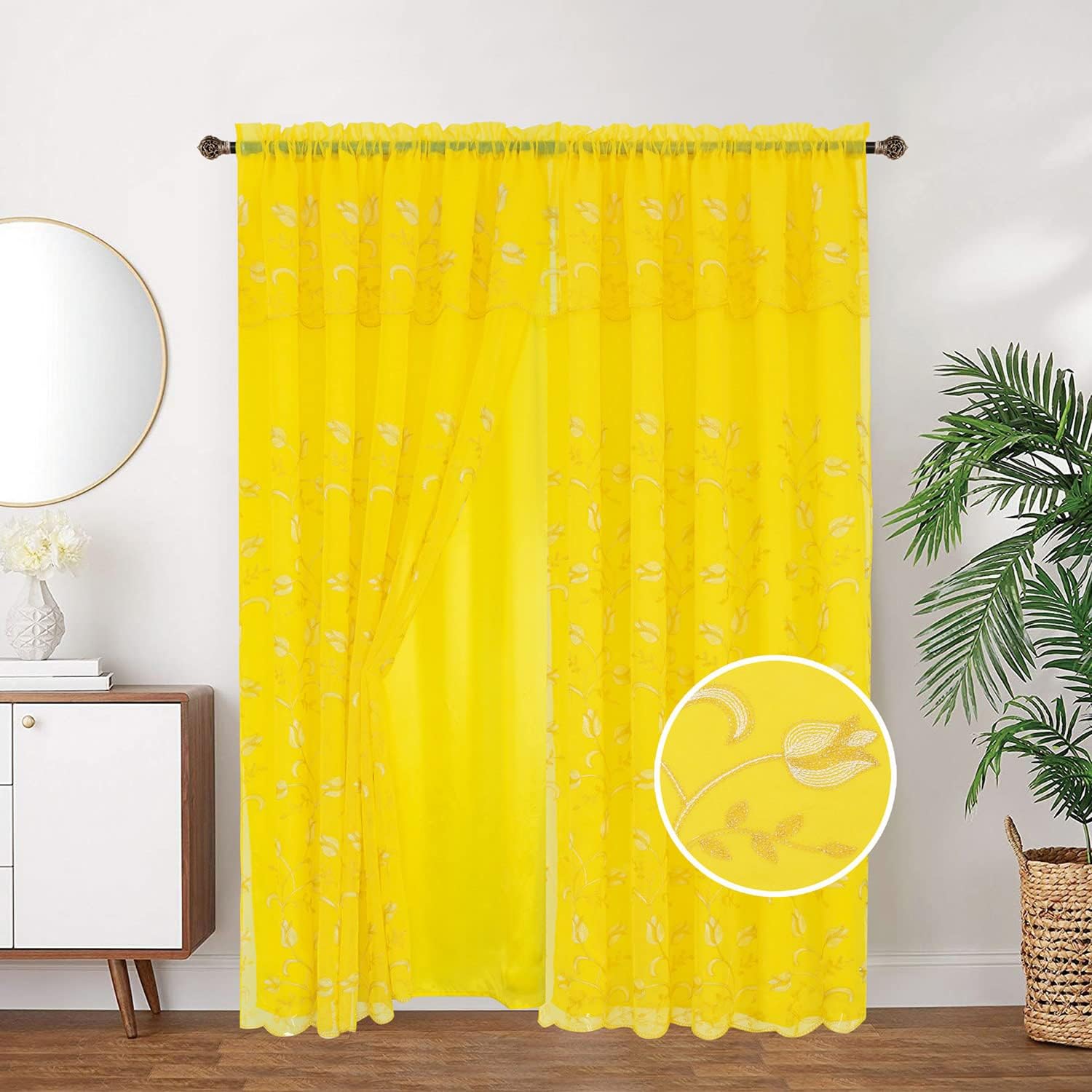 Kylie Embroidered Rod Pocket Window Panel with Attached Valance and Backing, 2 Ply Curtain with Beautiful Embroidered Tulip Design, and Satin Backing, 54x90 Inches (Yellow)