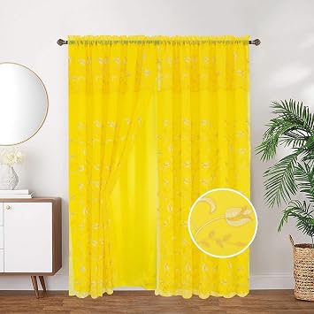 Kylie Embroidered Rod Pocket Window Panel with Attached Valance and Backing, 2 Ply Curtain with Beautiful Embroidered Tulip Design, and Satin Backing, 54x90 Inches Yellow
