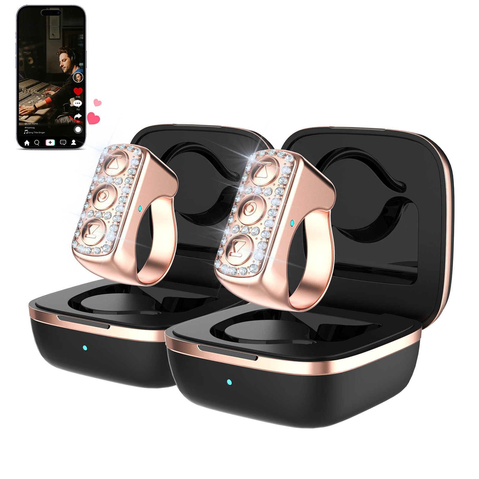3-Link TikTok Scrolling Ring with Rhinestone 2-Pack, Remote Control for TikTok/YouTube Shorts/Instagram Reels, Bluetooth Page Turner for iPad/Kindle