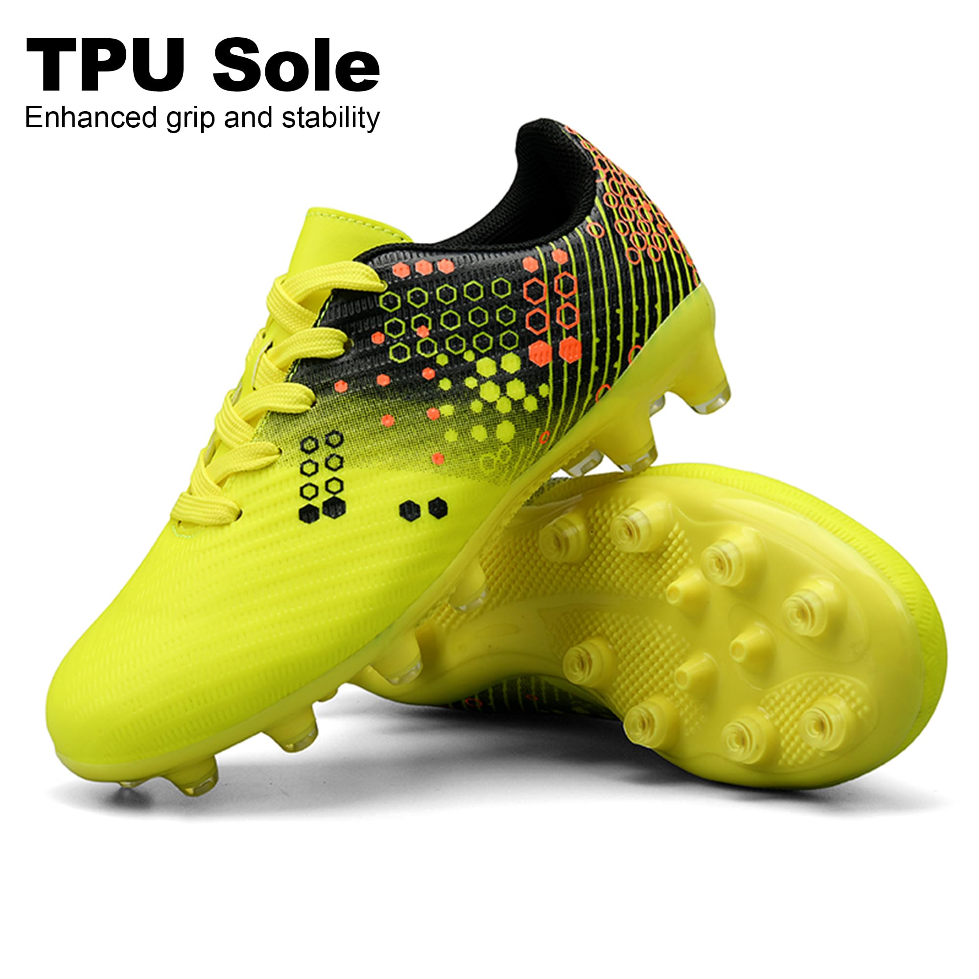 TUYSKE Kids Soccer Cleats for Boys and Girls Youth Football Cleats Outdoor Athletic Turf Soccer Shoes Yellow/Black