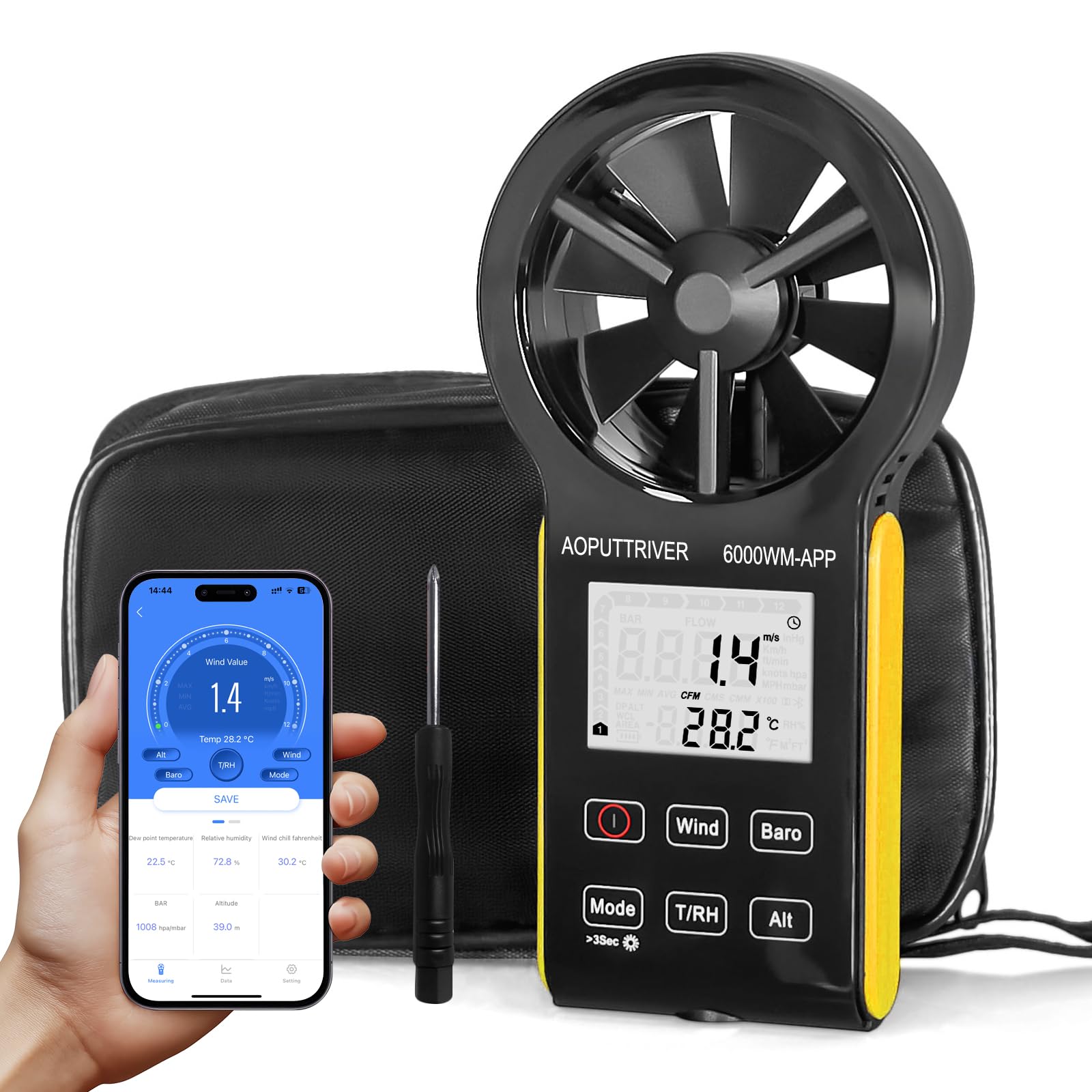 Handheld Windmesser mit APP Anemometer, CFM Anemometer mit Temperatur (°C/°F), 5 Einheiten, Windgeschwindigkeits-, Luftvolumen- und Temperaturmessung für HVAC, Schifffahrt-AP-6000WM-APP