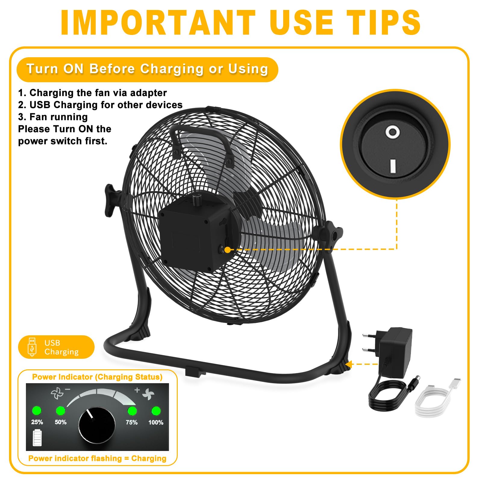 NATPOW Rechargeable Ventilateur de Sol pour Intérieur et Extérieur, 13200mAh Brasseur d'air avec Type C et USB, 15W 30 cm Ventilateur, Adaptateur 1,5 m Inclus, Silencieux, Économe en Énergie, Noir