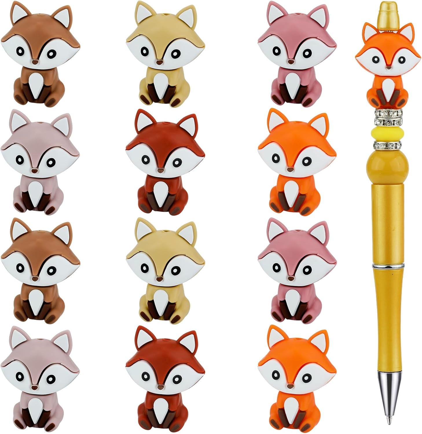 12Pcs Unique Silicone Beads for Keychain Making 3D Animal Focal Beads for Beaded Pens Bracelets Jewelry Making DIY Crafts(Fox)