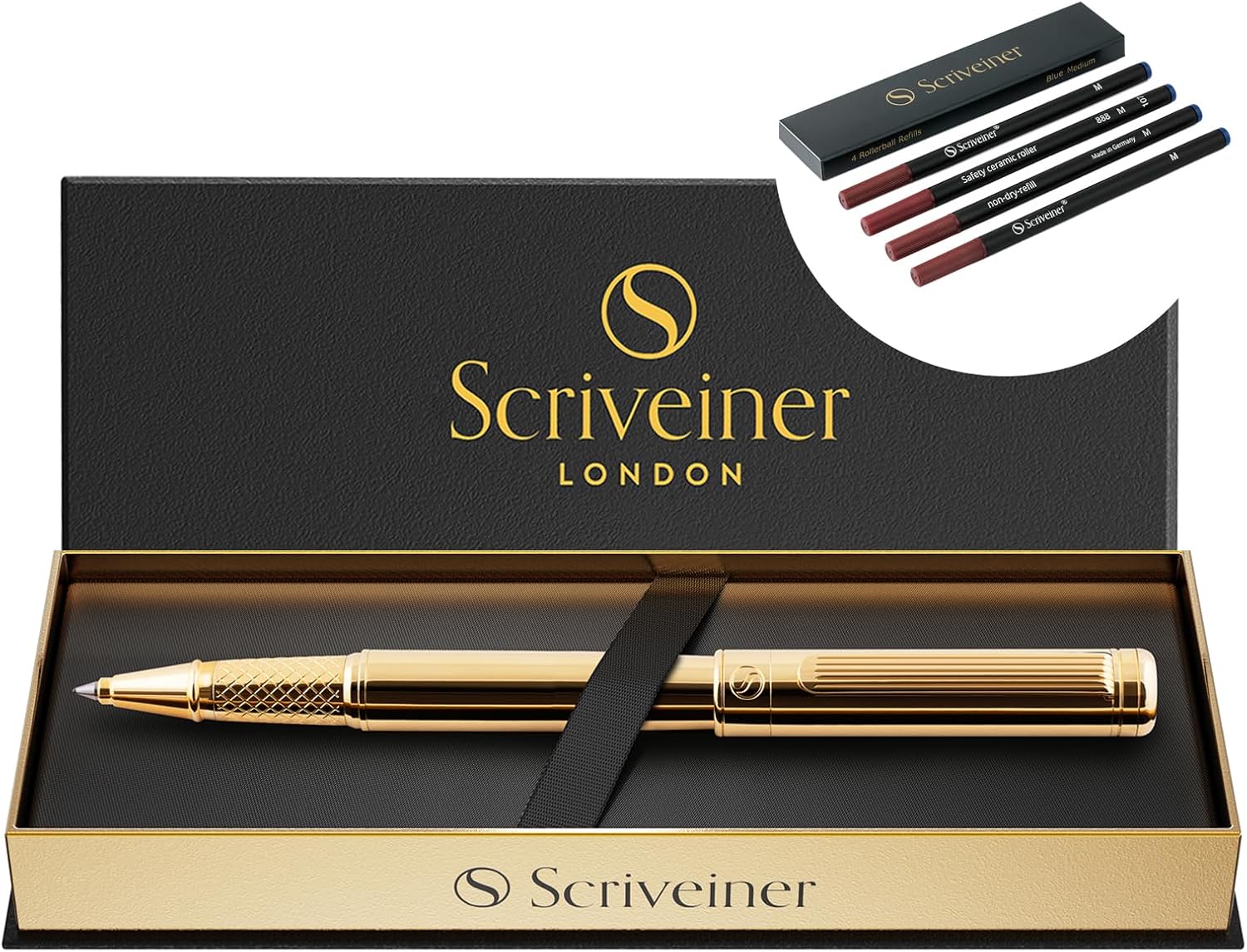 Scriveiner Gold Rollerball Pen - Stunning Luxury Pen, Real Gold Plating bundle with Rollerball Refill Black Fine - 4 Refills in one box