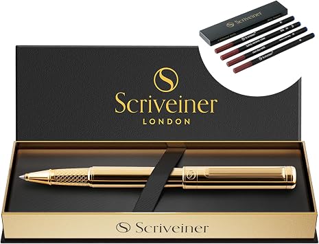 Scriveiner Gold Rollerball Pen - Stunning Luxury Pen, Real Gold Plating bundle with Rollerball Refill Black Fine - 4 Refills in one box