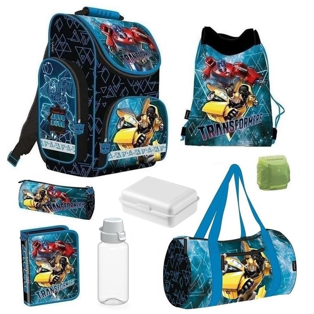 Familando - Schulranzen Set 8-teilig mit Sporttasche - Transformers - Ergonomisch, stabil & mit gepolstertem Rücken - 1000g leicht - 15L Volumen - Mit Reflektoren - Für Grundschule ab 1. Klasse